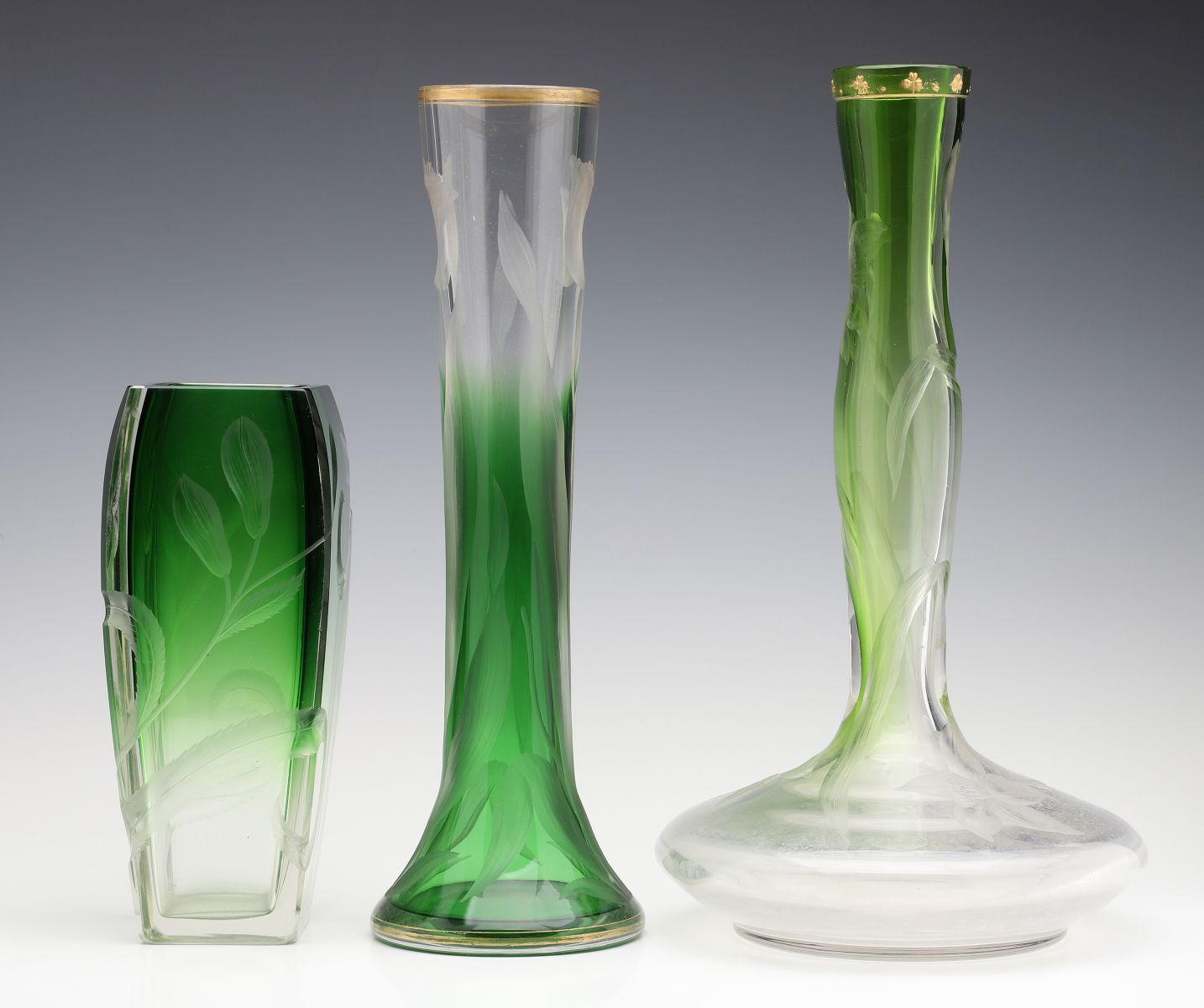 THREE MOSER INTAGLIO CARVED CRYSTAL VASES CASED GREEN