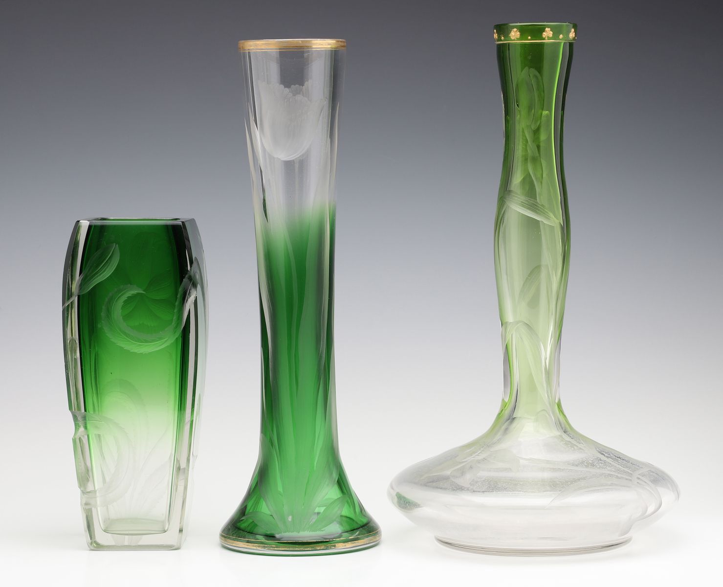 THREE MOSER INTAGLIO CARVED CRYSTAL VASES CASED GREEN