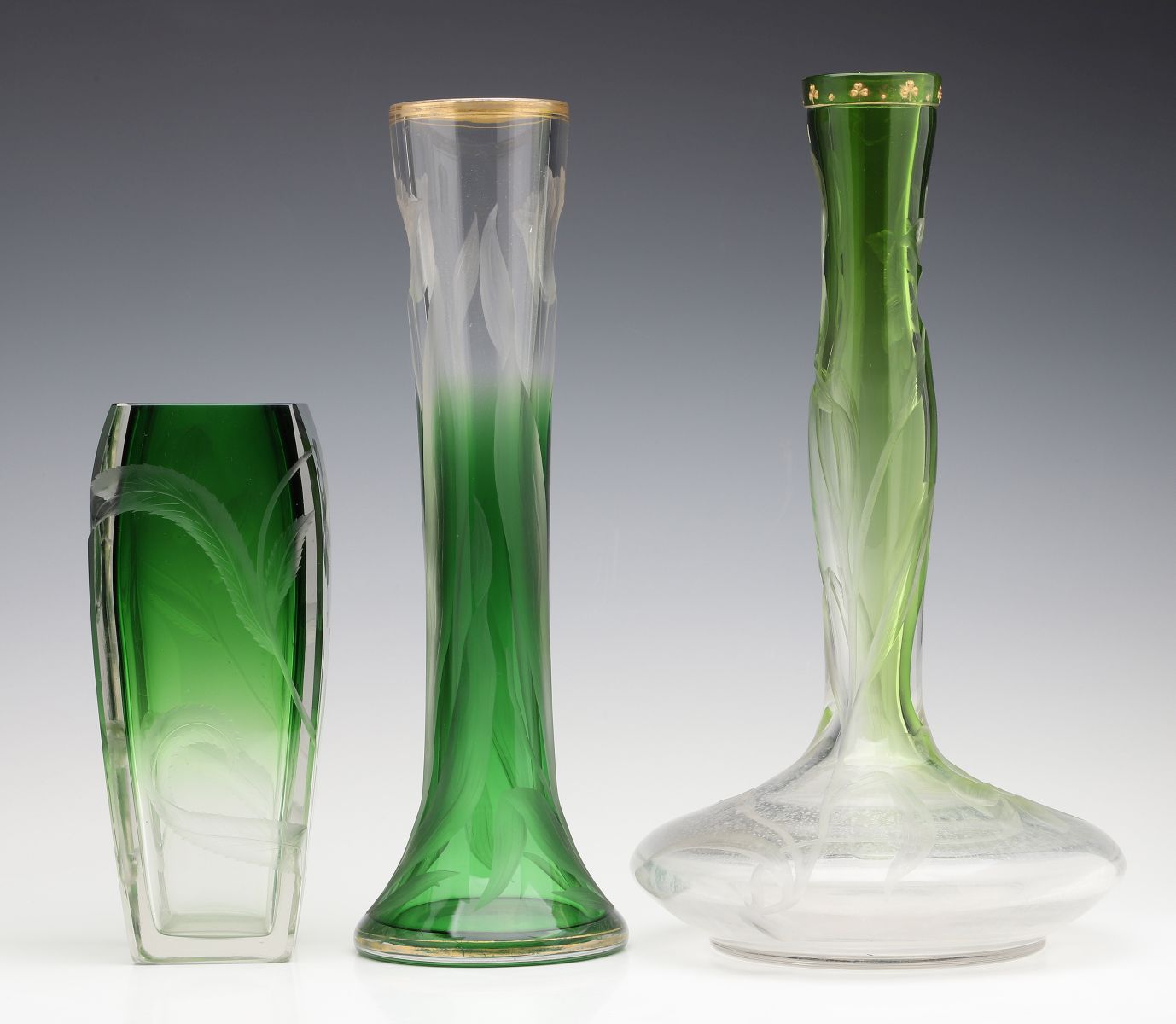 THREE MOSER INTAGLIO CARVED CRYSTAL VASES CASED GREEN