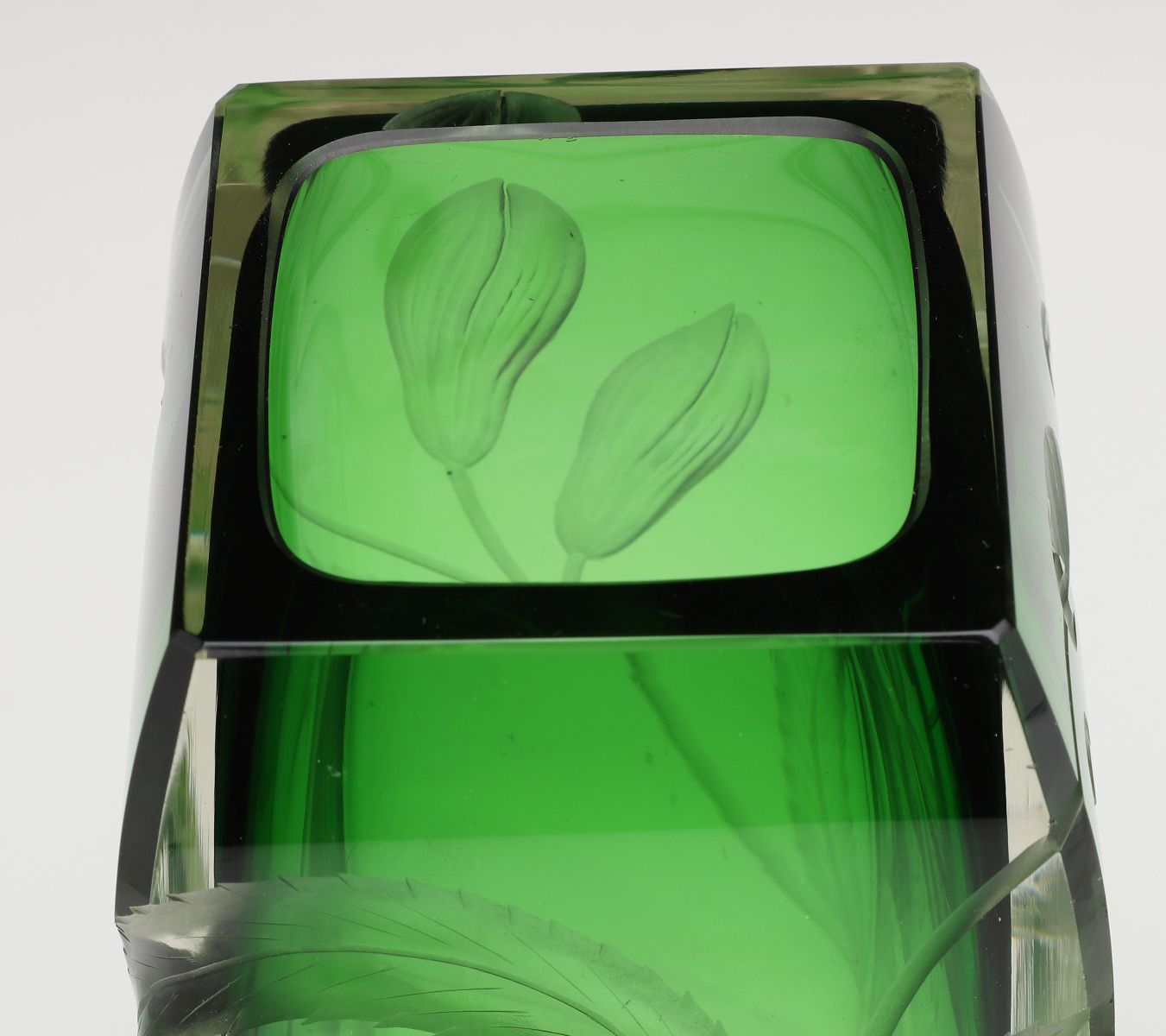 THREE MOSER INTAGLIO CARVED CRYSTAL VASES CASED GREEN