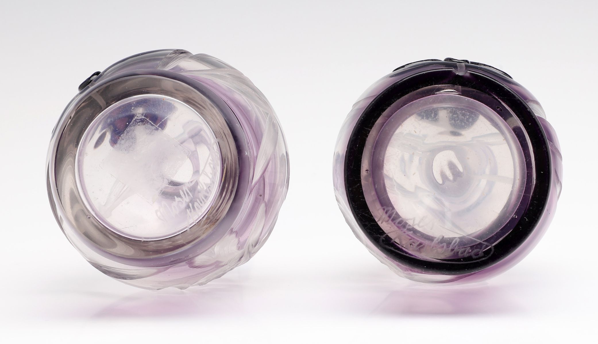 TWO AMETHYST CASED AND CAMEO IRIS VASES SIGNED MOSER