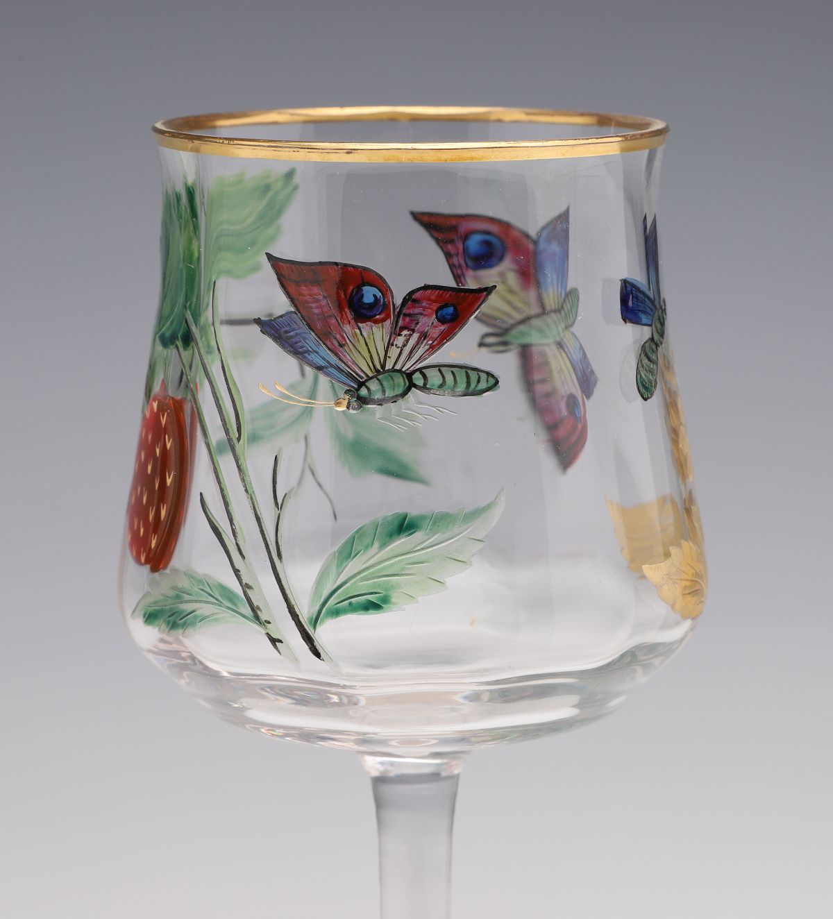 A MOSER 9-INCH MARQUETRY STEM WITH ENGRAVING AND ENAMEL