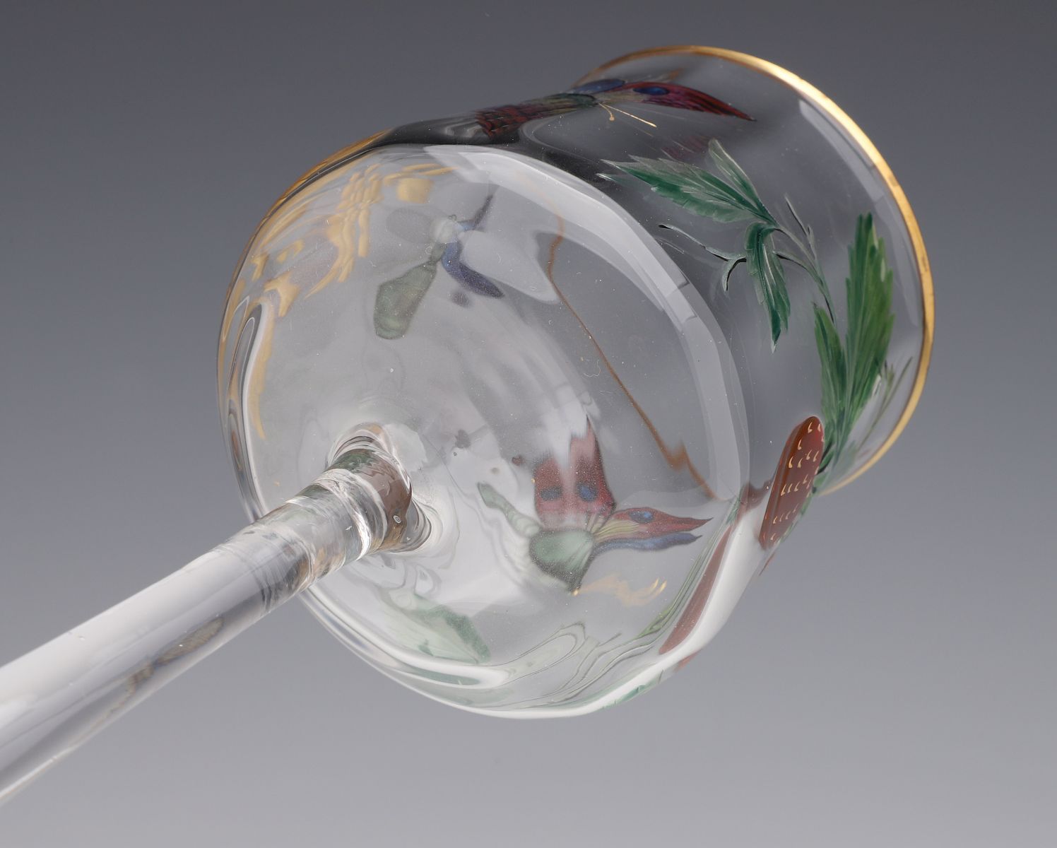 A MOSER 9-INCH MARQUETRY STEM WITH ENGRAVING AND ENAMEL