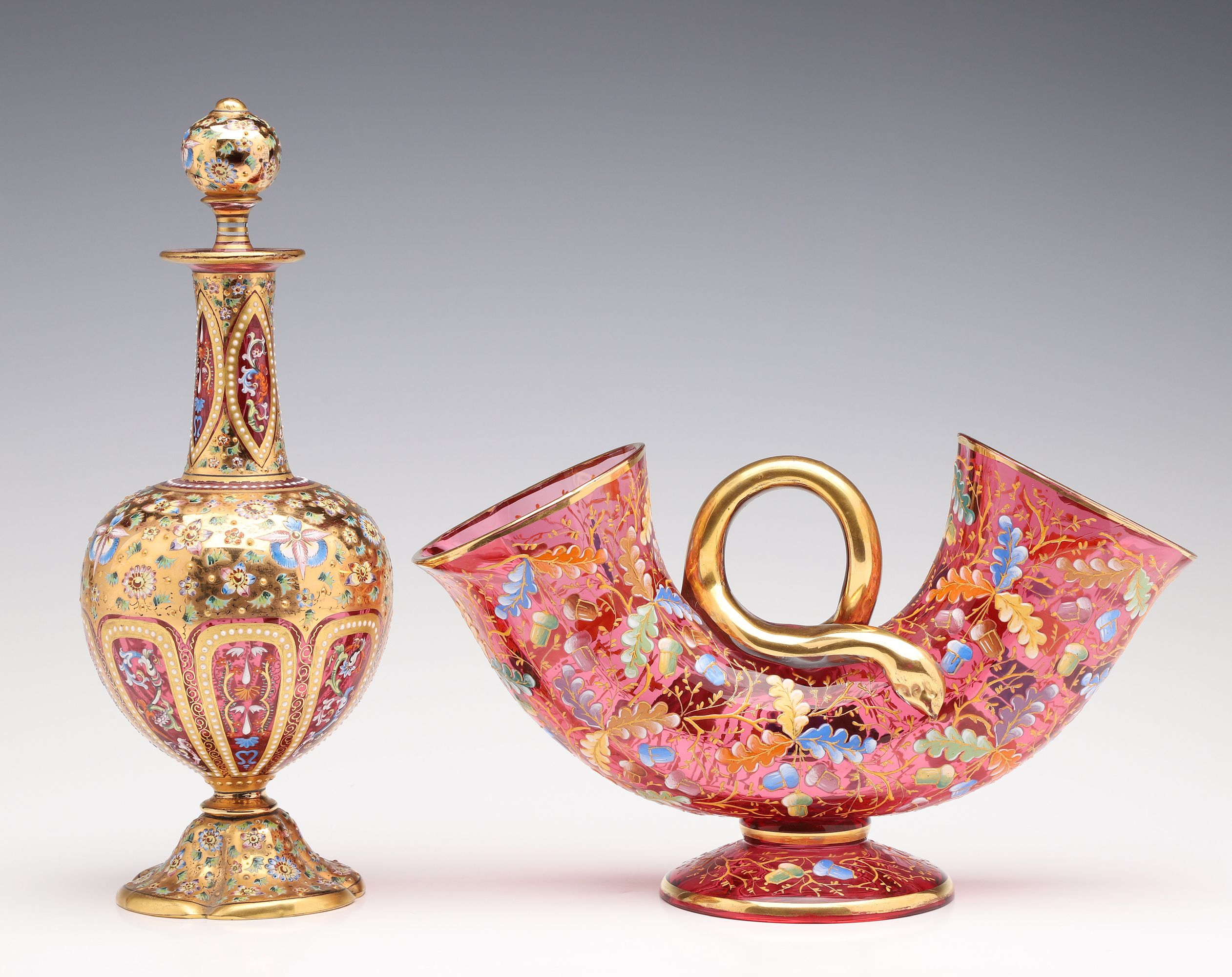 MOSER GILT AND ENAMEL DECORATED CRANBERRY GLASS C. 1880