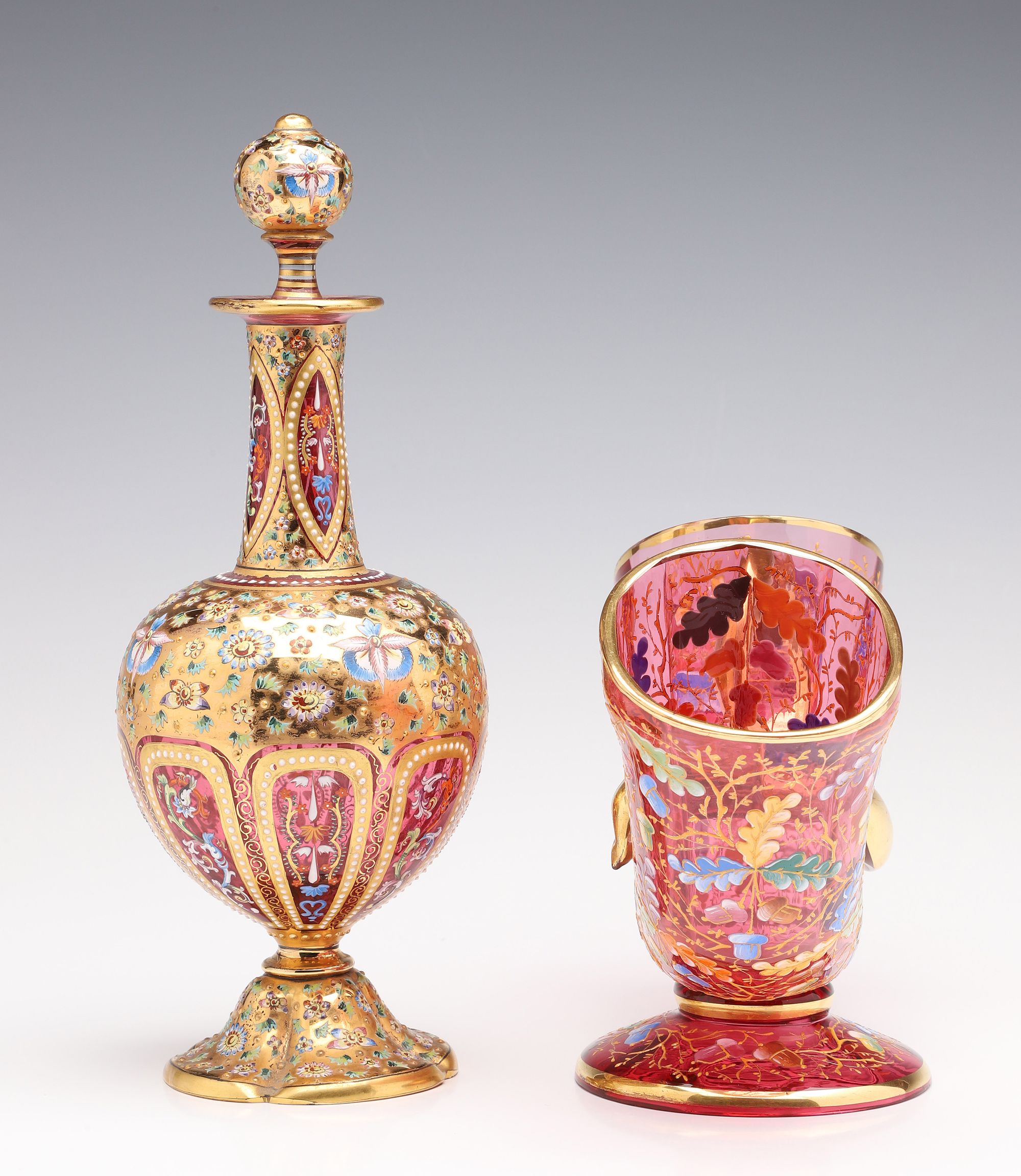 MOSER GILT AND ENAMEL DECORATED CRANBERRY GLASS C. 1880