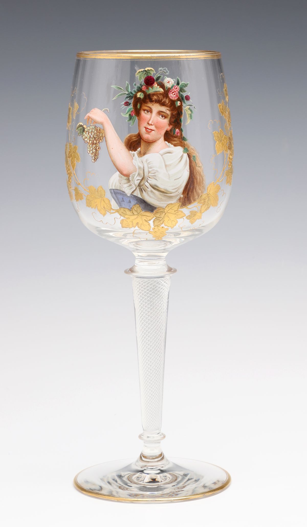 A CONTINENTAL AIR TWIST STEM ENAMELED ART GLASS GOBLET