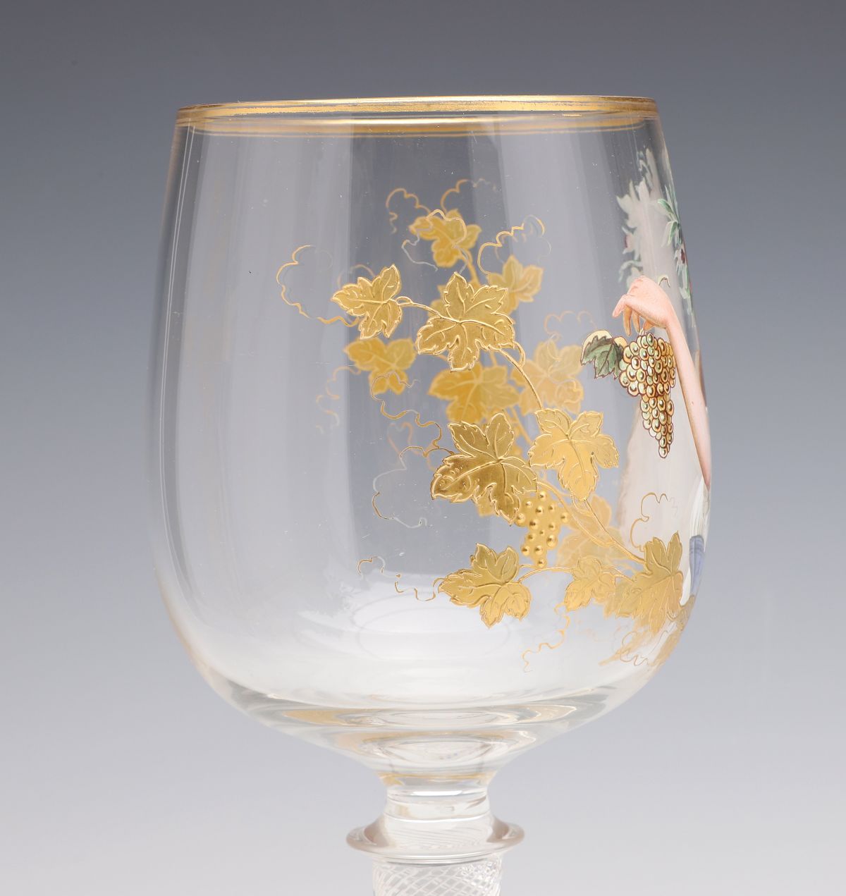 A CONTINENTAL AIR TWIST STEM ENAMELED ART GLASS GOBLET