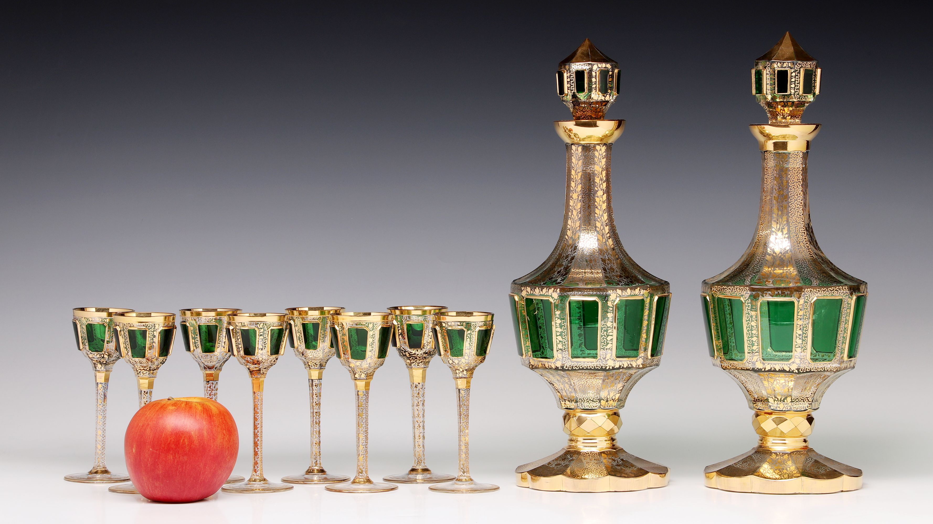 AN OUTSTANDING MOSER EMERALD CABOCHON LIQUER SET