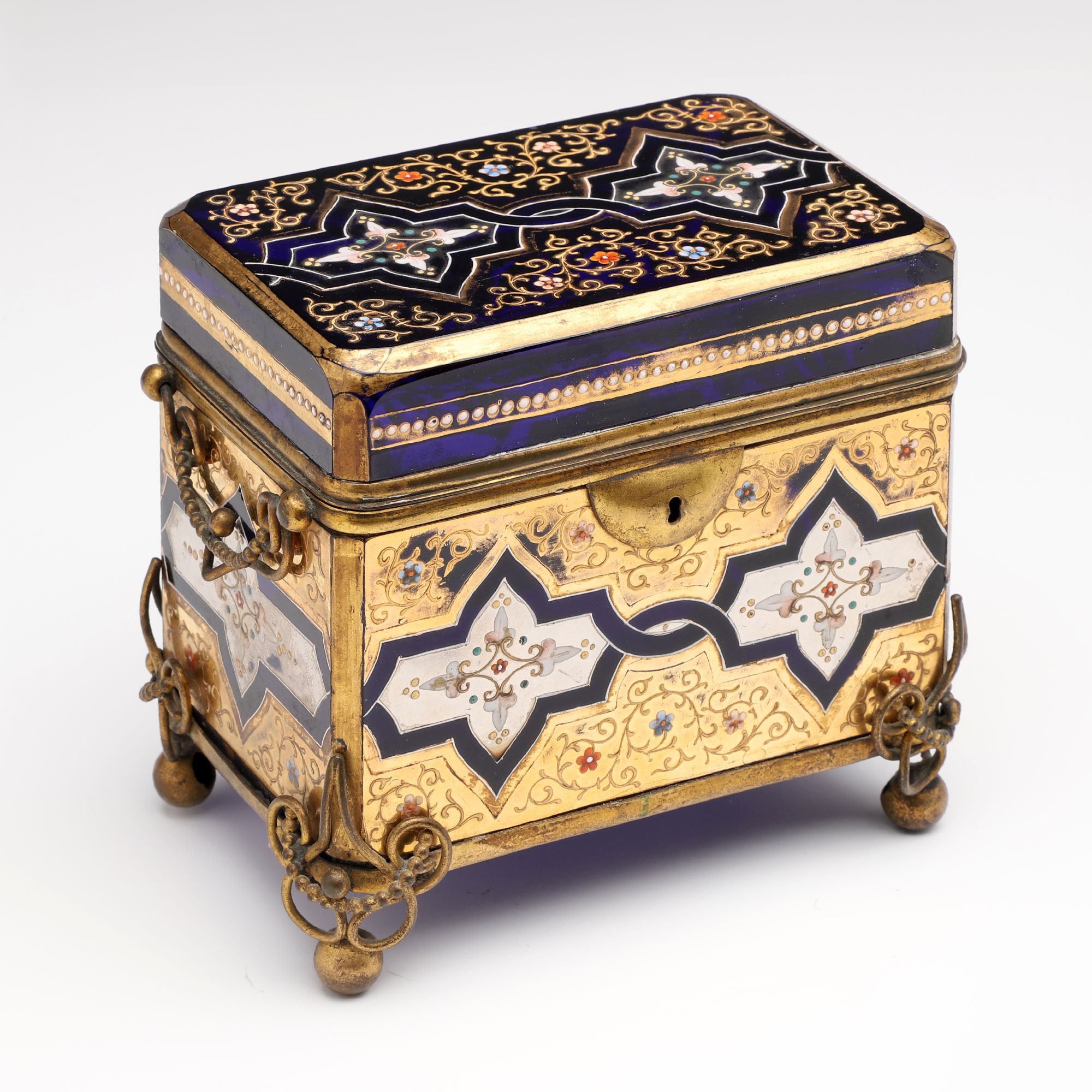 A 19C. MOSER GILT AND ENAMELED COBALT BLUE GLASS CASKET