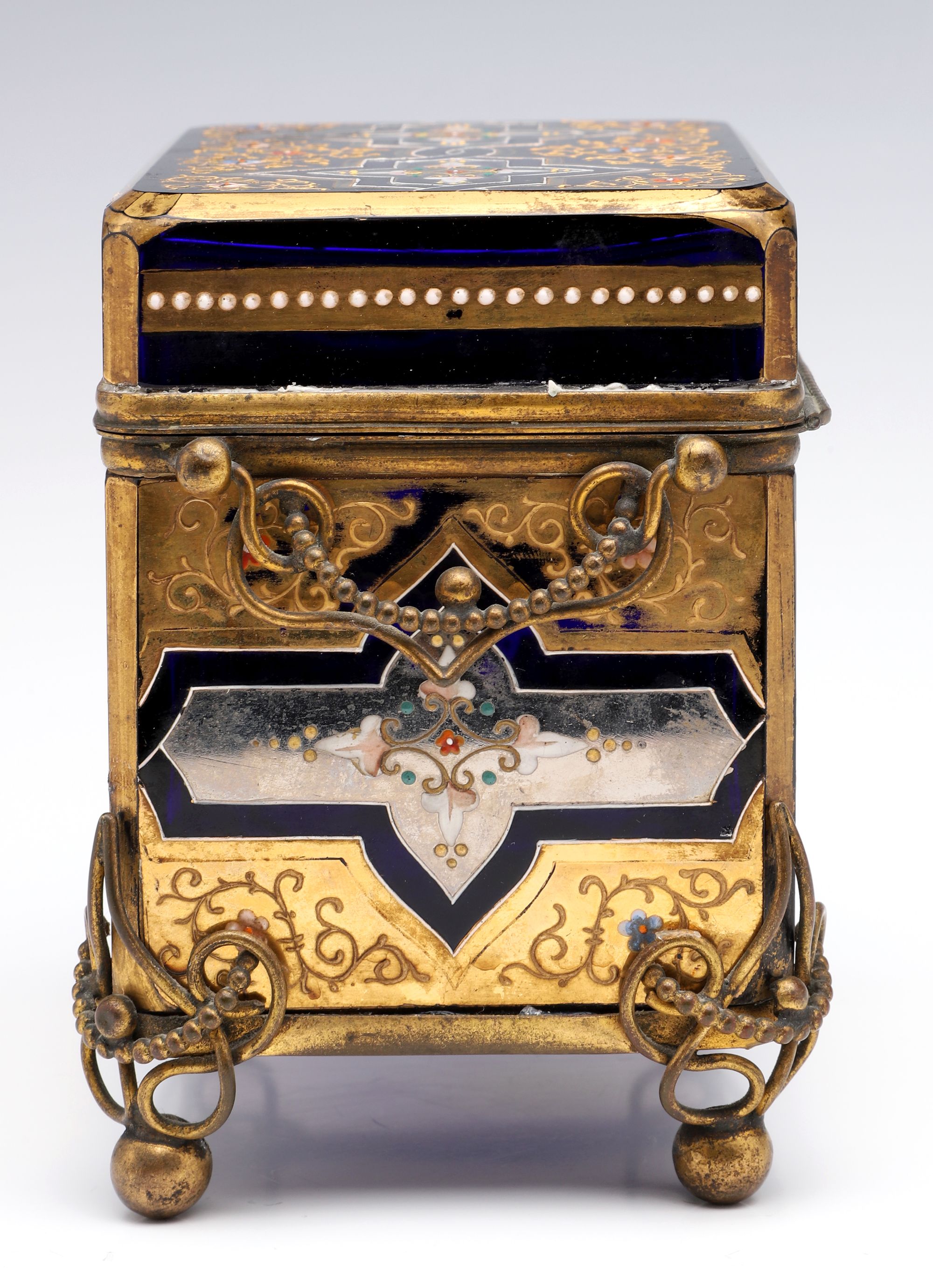 A 19C. MOSER GILT AND ENAMELED COBALT BLUE GLASS CASKET