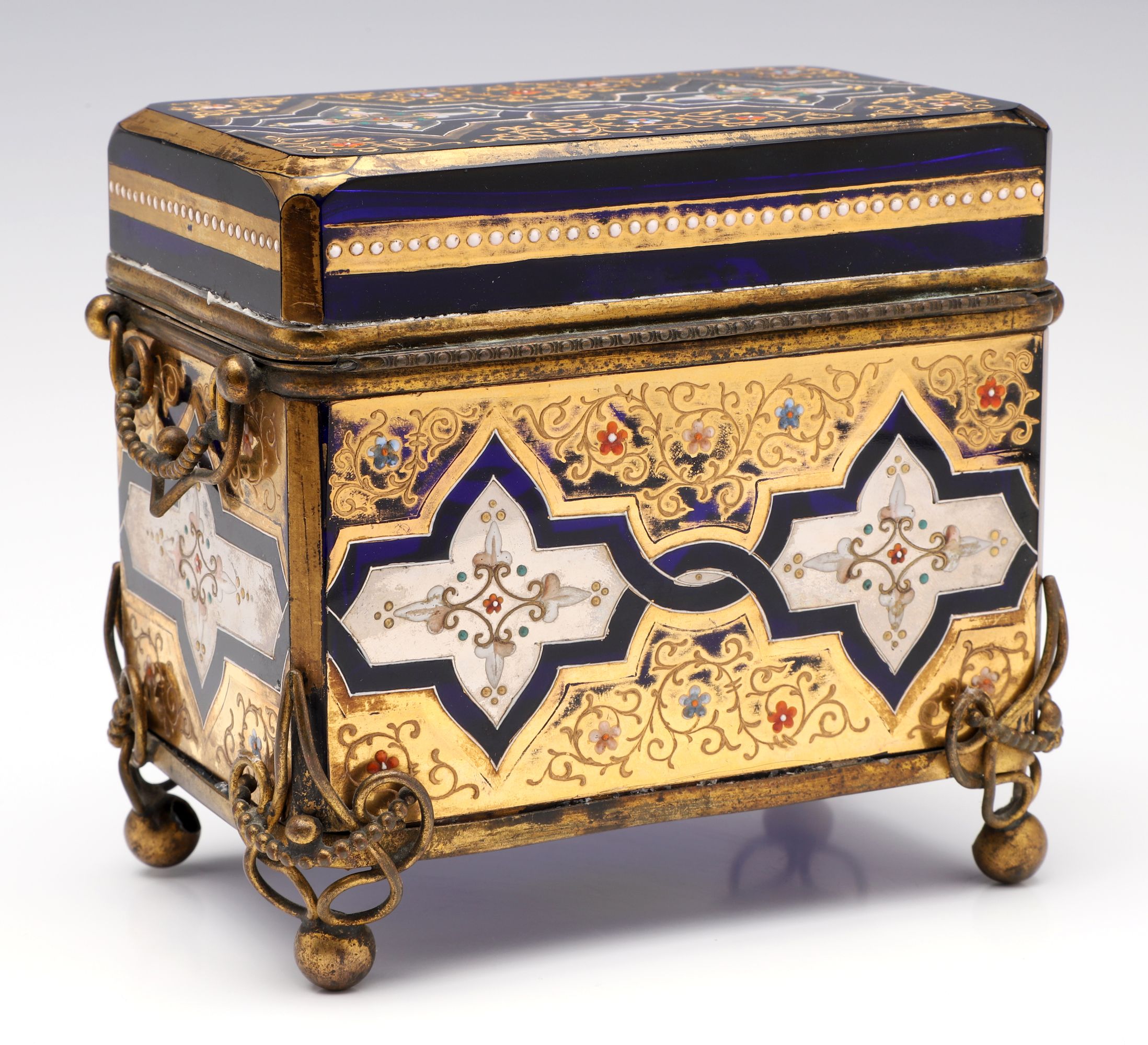 A 19C. MOSER GILT AND ENAMELED COBALT BLUE GLASS CASKET