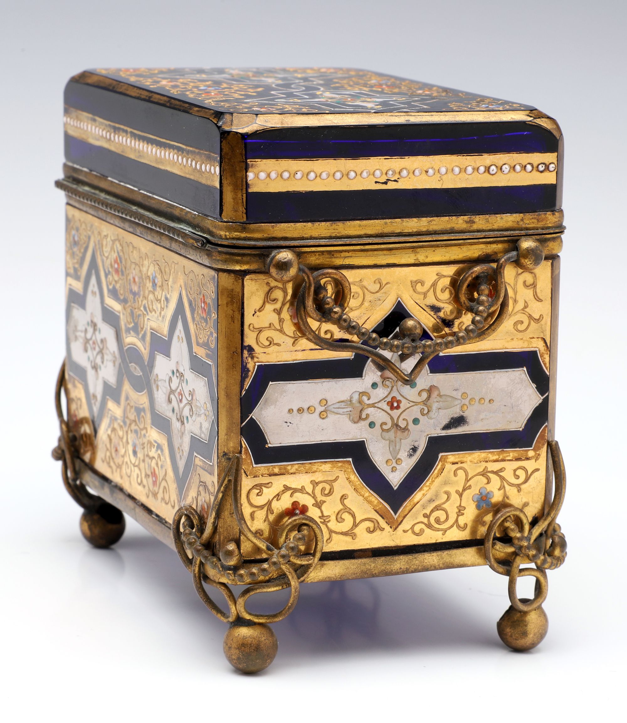 A 19C. MOSER GILT AND ENAMELED COBALT BLUE GLASS CASKET