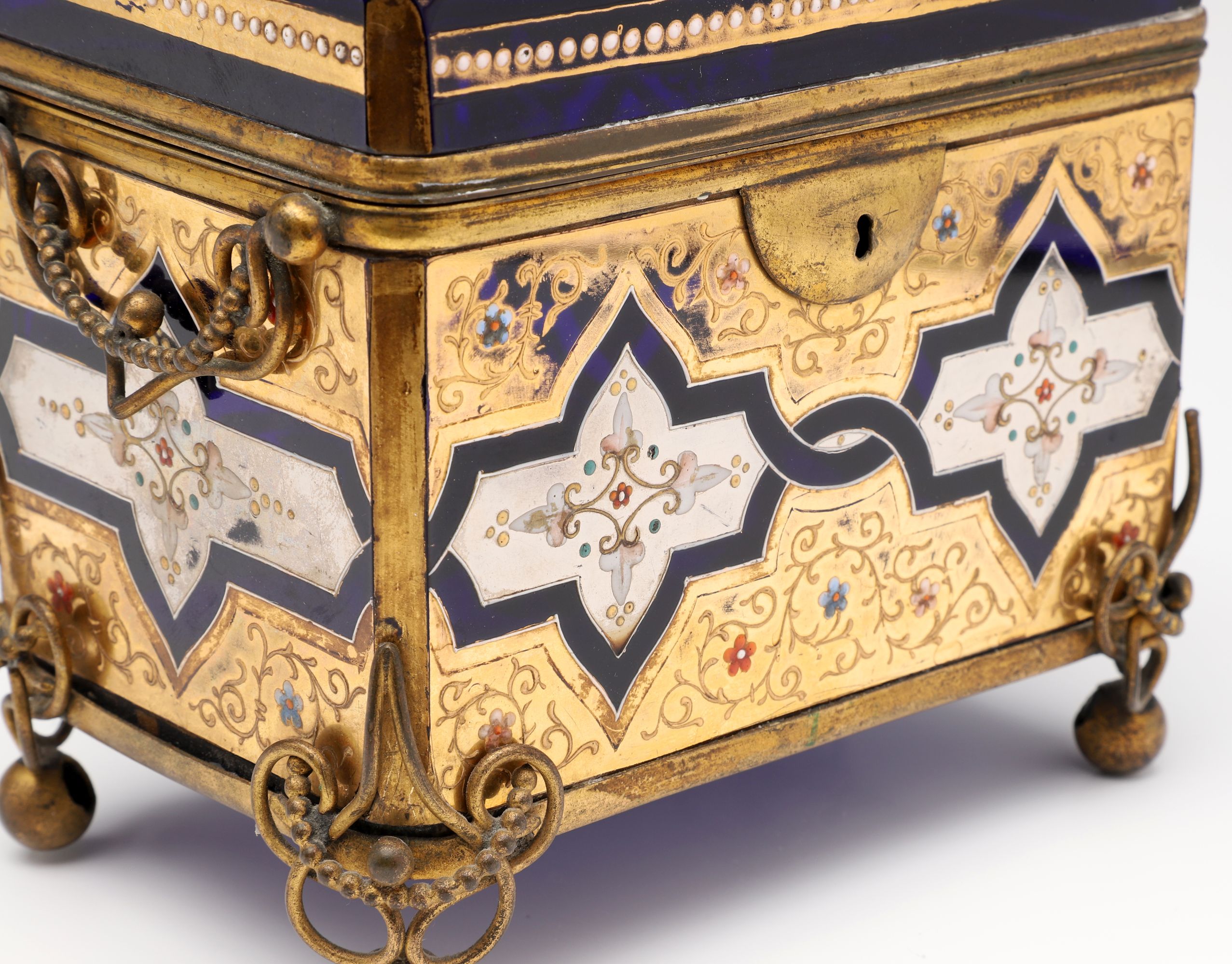 A 19C. MOSER GILT AND ENAMELED COBALT BLUE GLASS CASKET