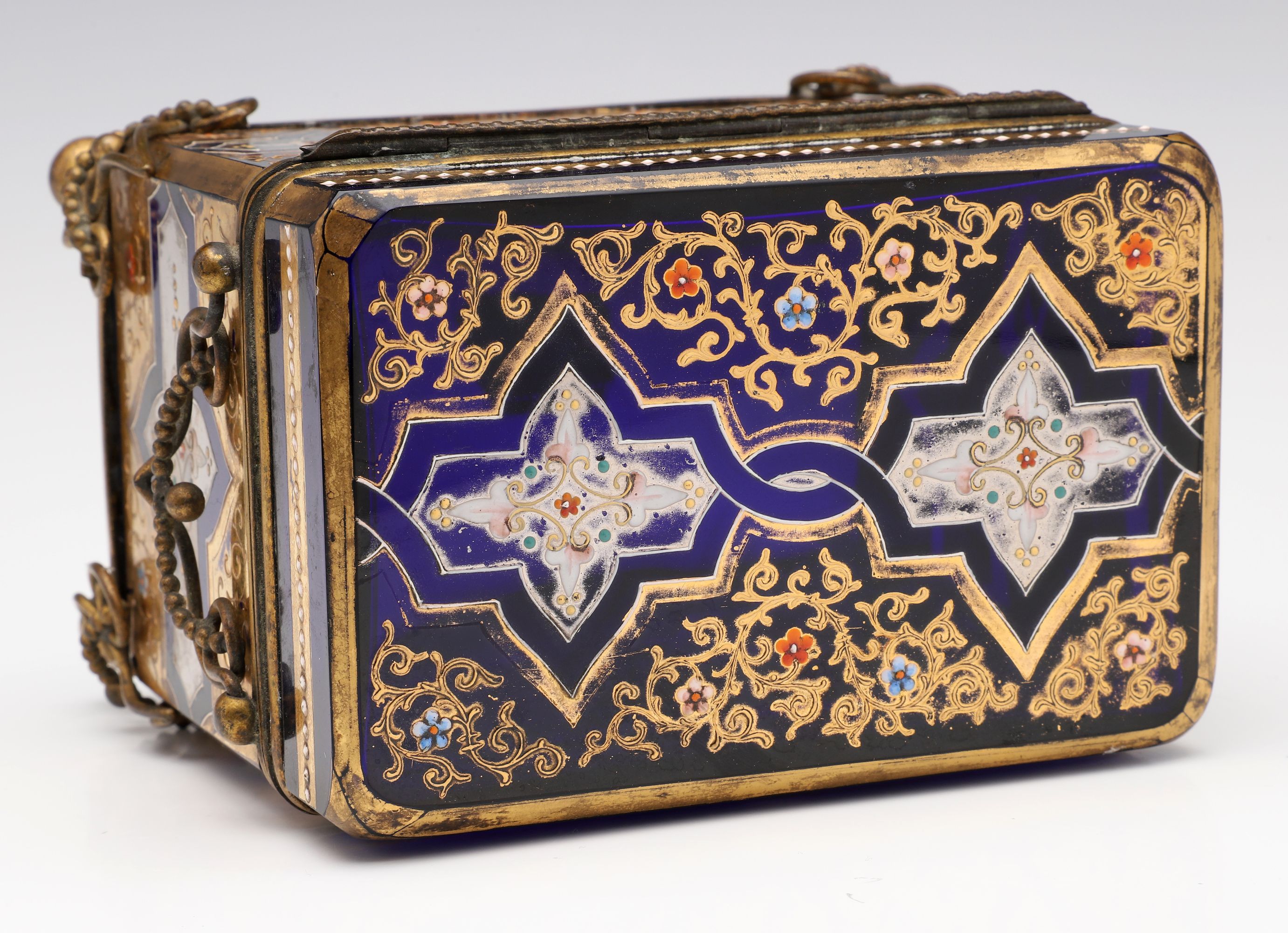 A 19C. MOSER GILT AND ENAMELED COBALT BLUE GLASS CASKET