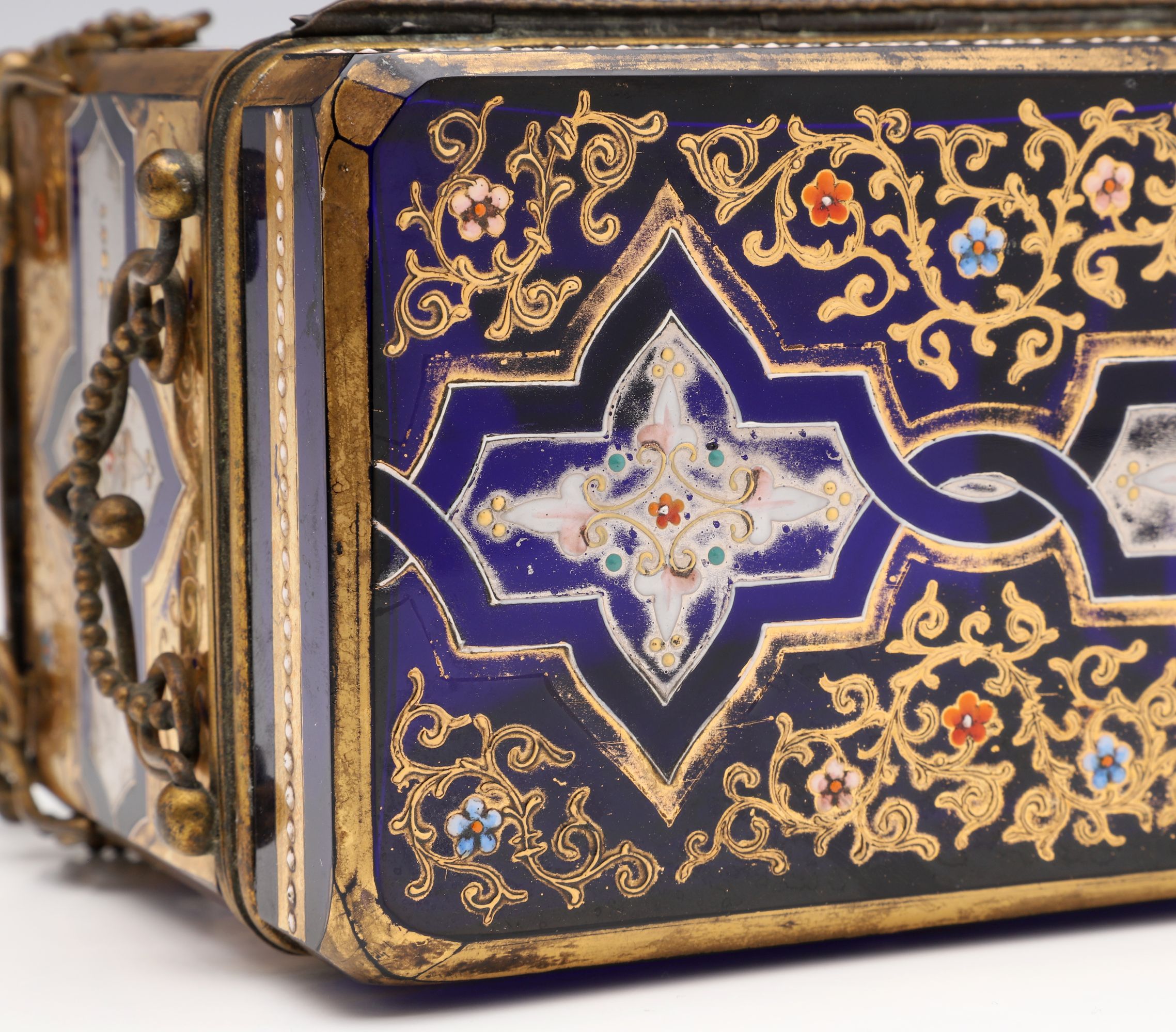 A 19C. MOSER GILT AND ENAMELED COBALT BLUE GLASS CASKET