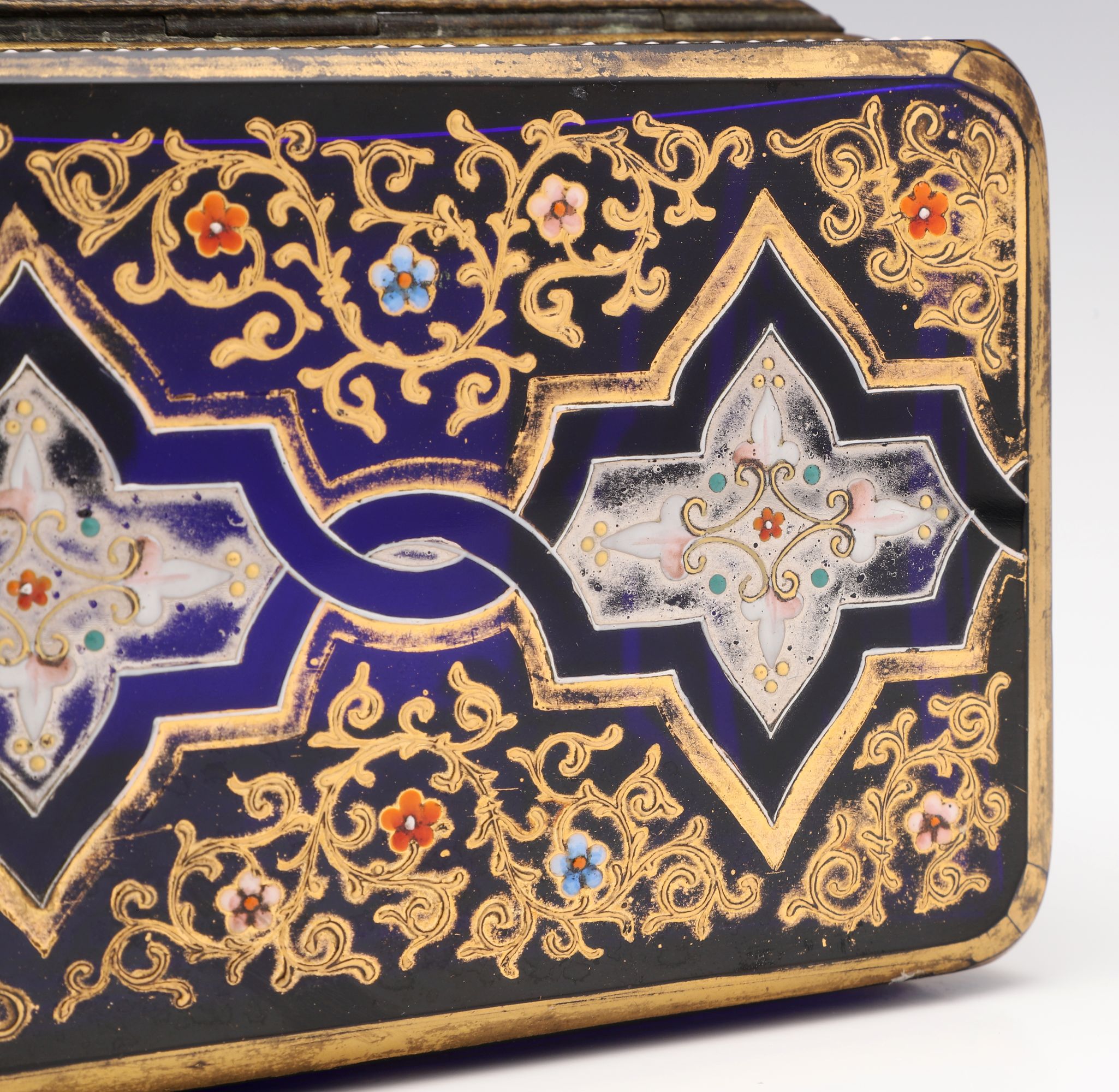 A 19C. MOSER GILT AND ENAMELED COBALT BLUE GLASS CASKET