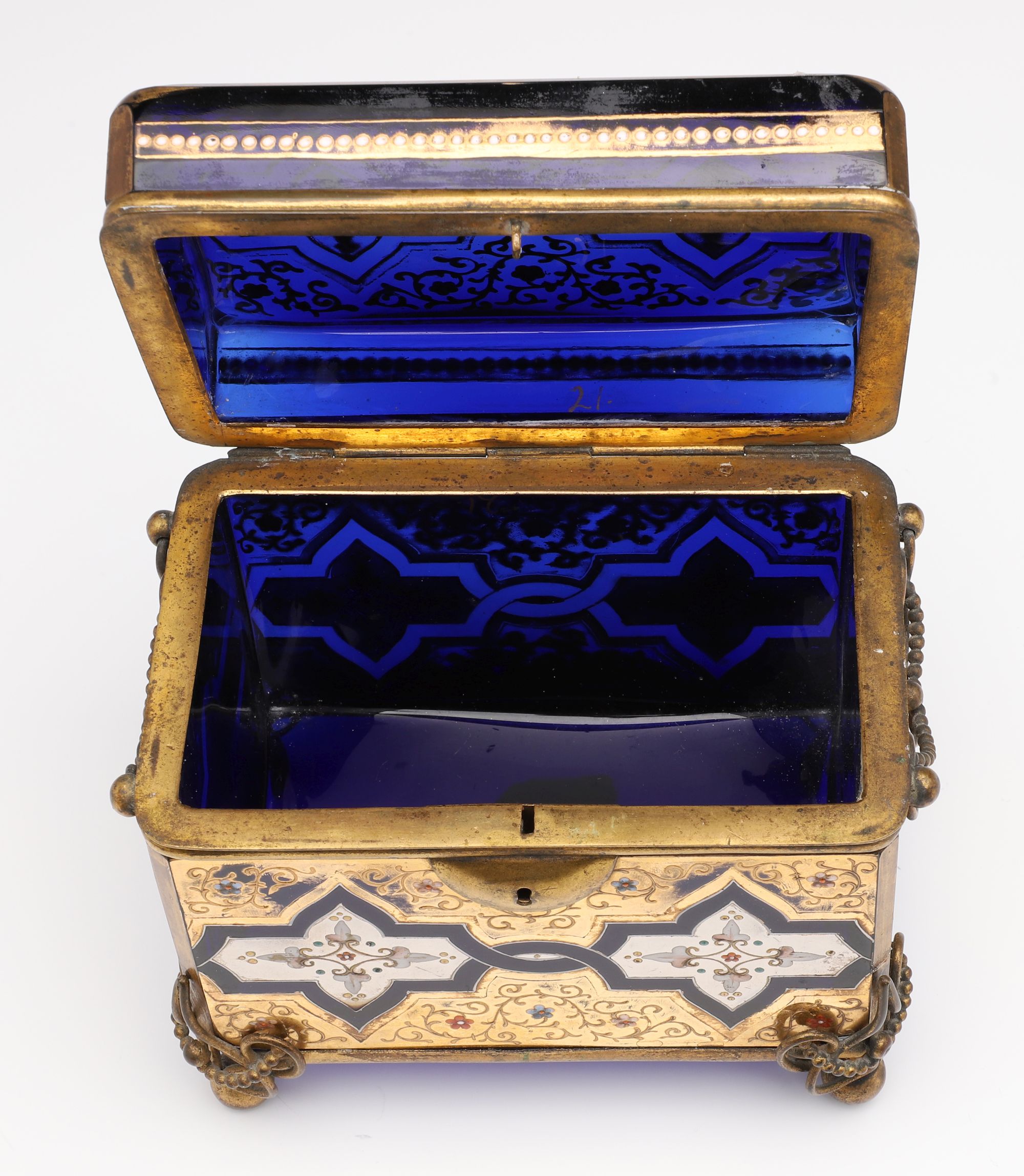 A 19C. MOSER GILT AND ENAMELED COBALT BLUE GLASS CASKET