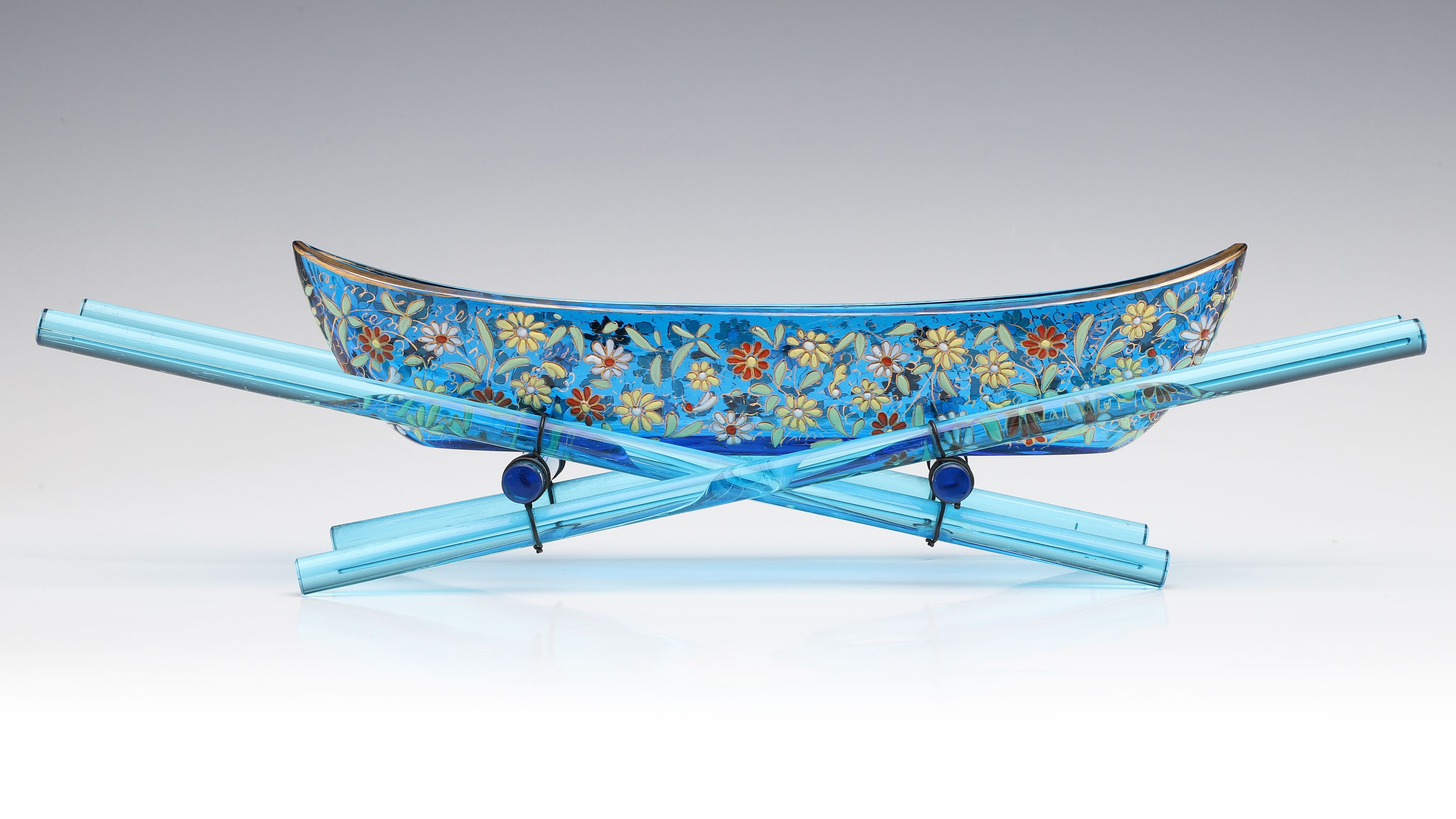 A RARE MOSER ELECTRIC BLUE BOAT SHAPE DISH ON STAND