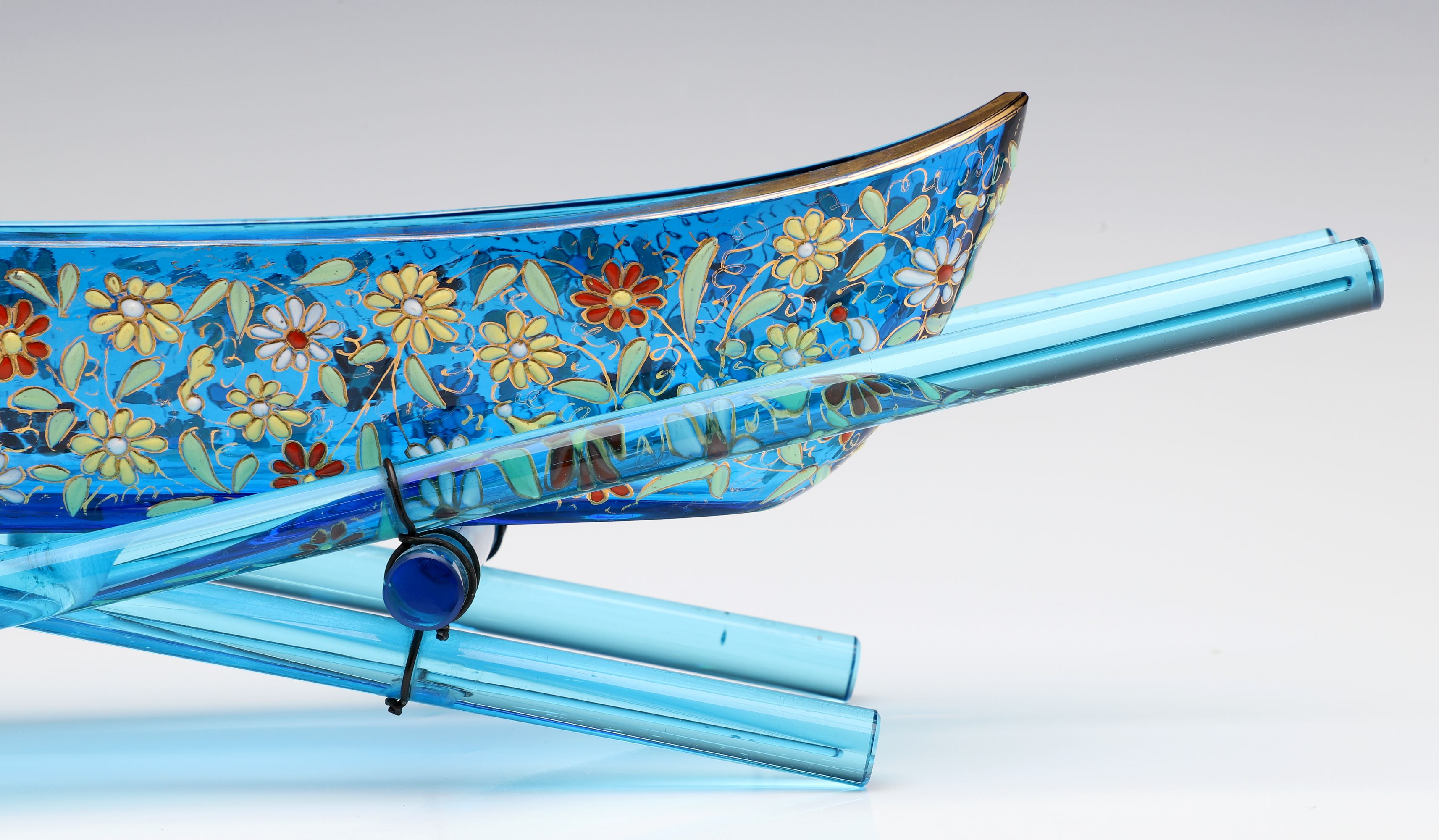 A RARE MOSER ELECTRIC BLUE BOAT SHAPE DISH ON STAND