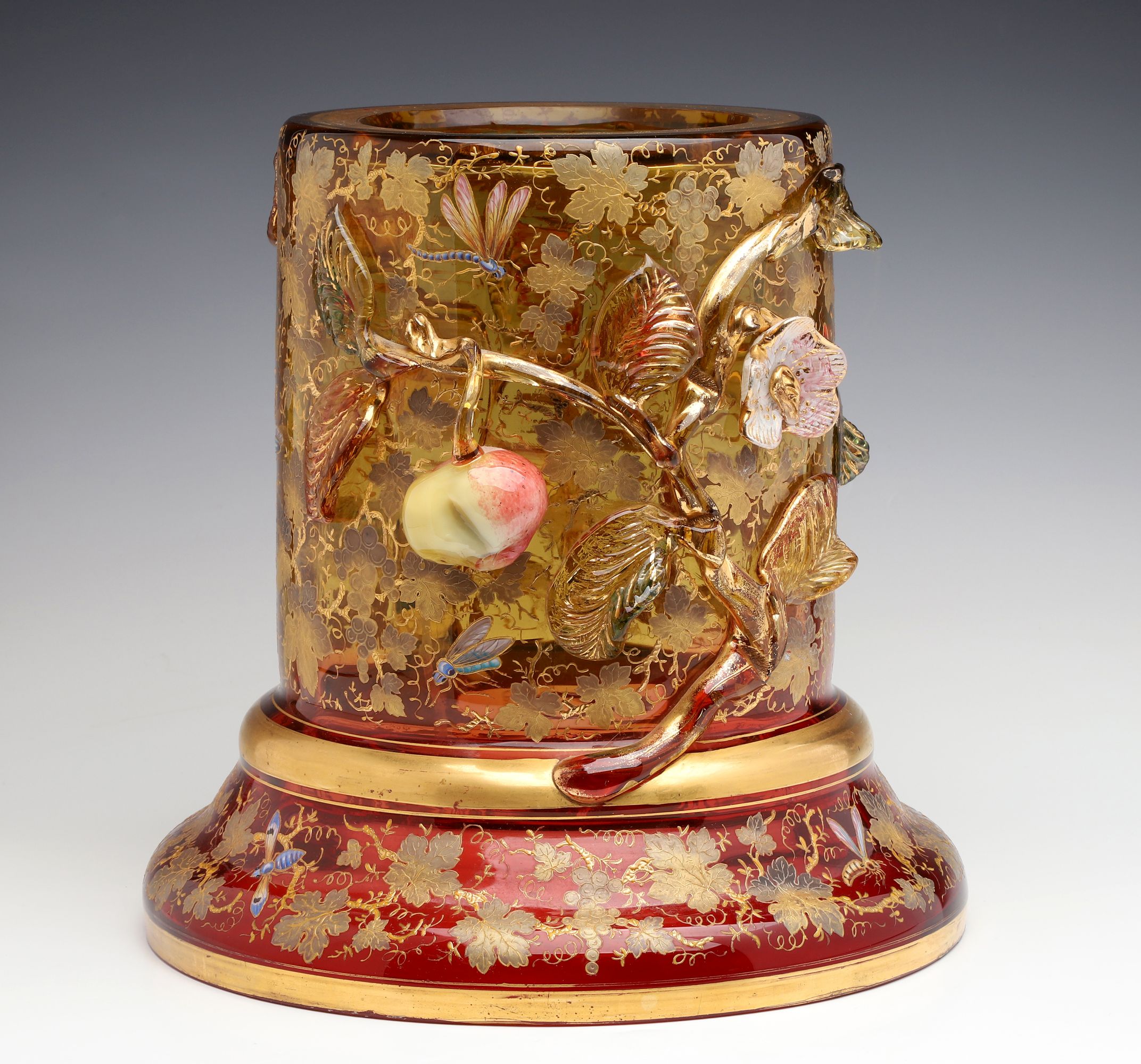 A MASSIVE MOSER FLOOR VASE BASE WITH APPLIED FRUIT