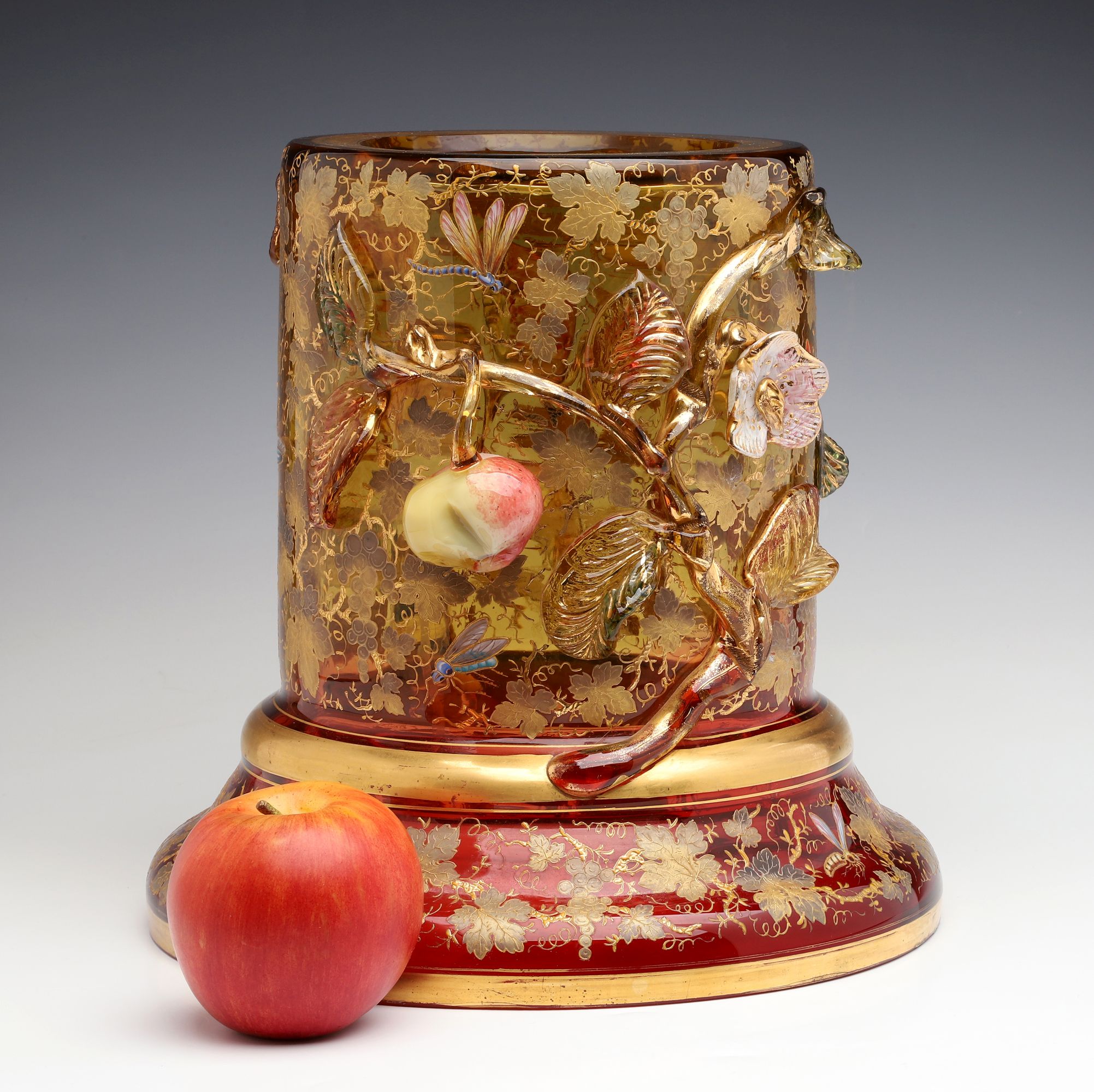 A MASSIVE MOSER FLOOR VASE BASE WITH APPLIED FRUIT