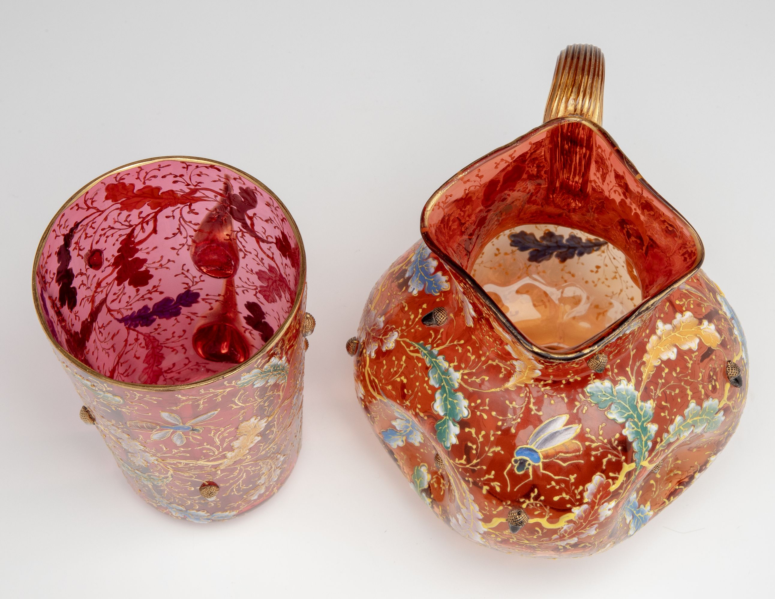 AMBERINA AND CRANBERRY GLASS WITH ACORNS SIGNED MOSER