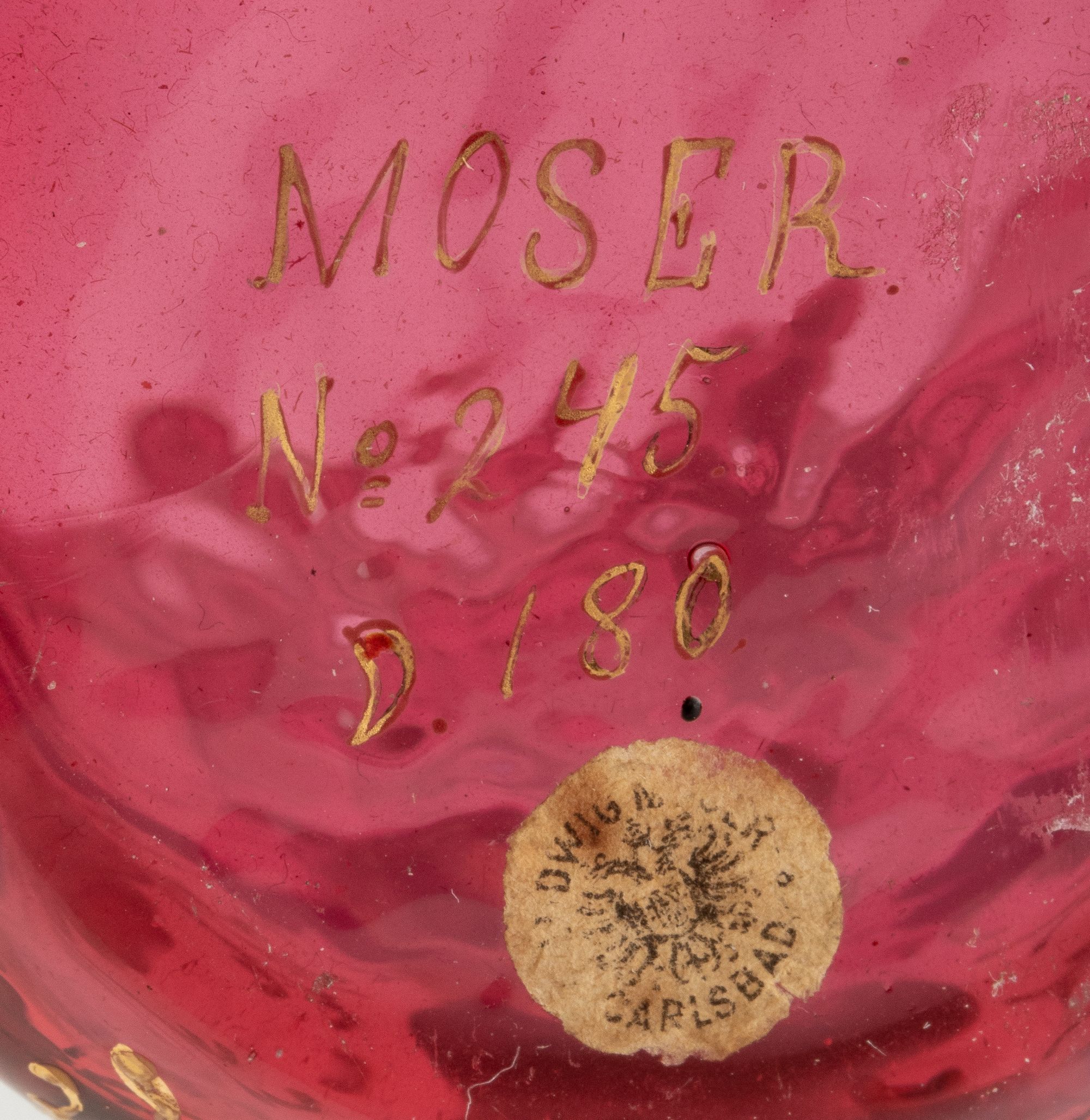 AMBERINA AND CRANBERRY GLASS WITH ACORNS SIGNED MOSER