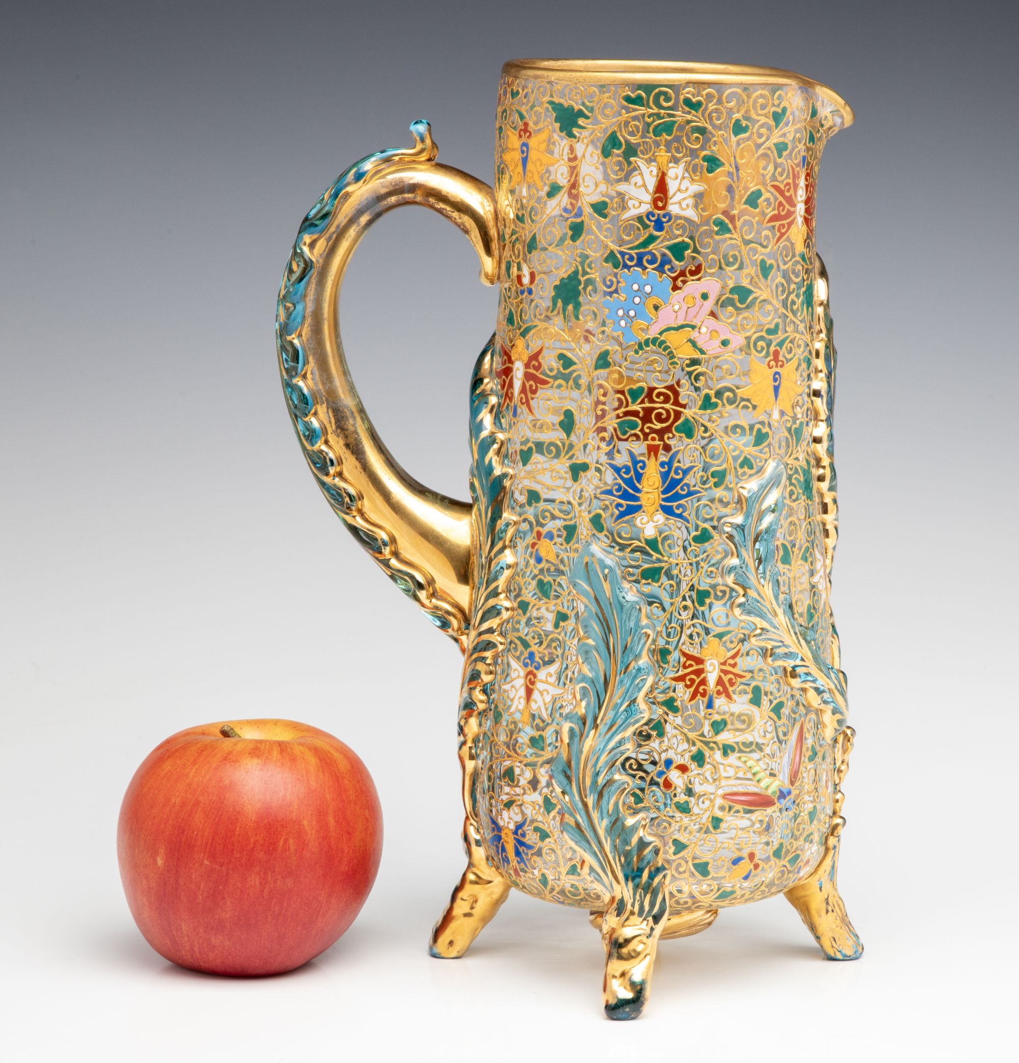 UNUSUAL GILT AND ENAMEL MOSER JUG WITH APPLIED LEAVES