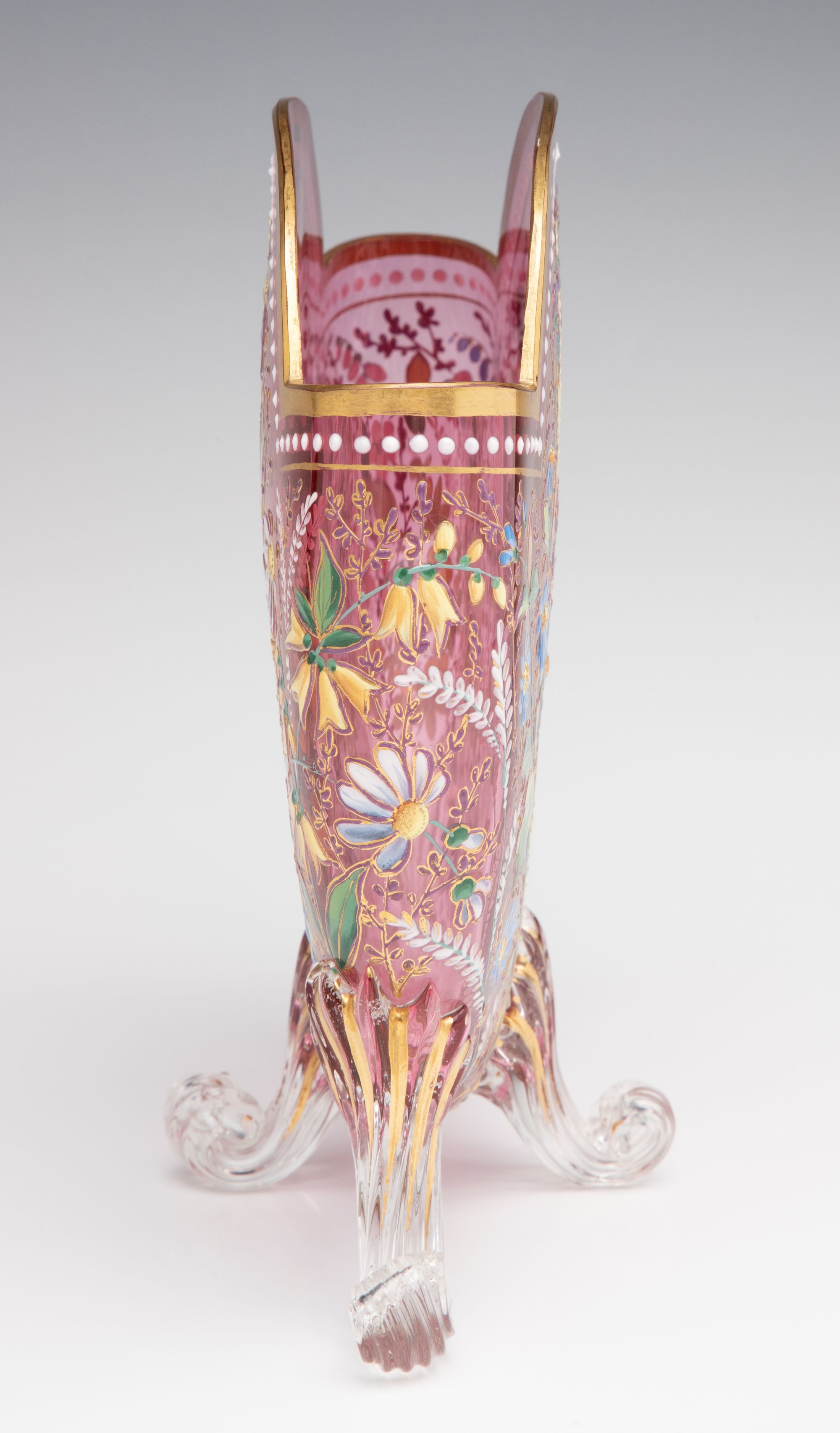 A GOOD MOSER 19TH C. ENAMELED CRANBERRY PILLOW VASE