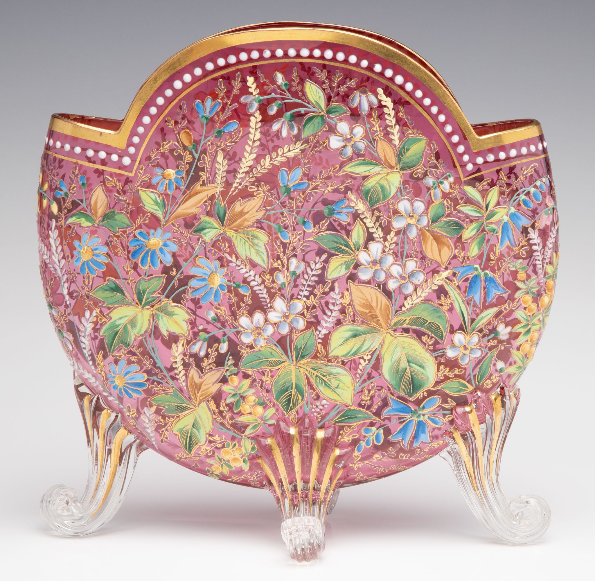 A GOOD MOSER 19TH C. ENAMELED CRANBERRY PILLOW VASE