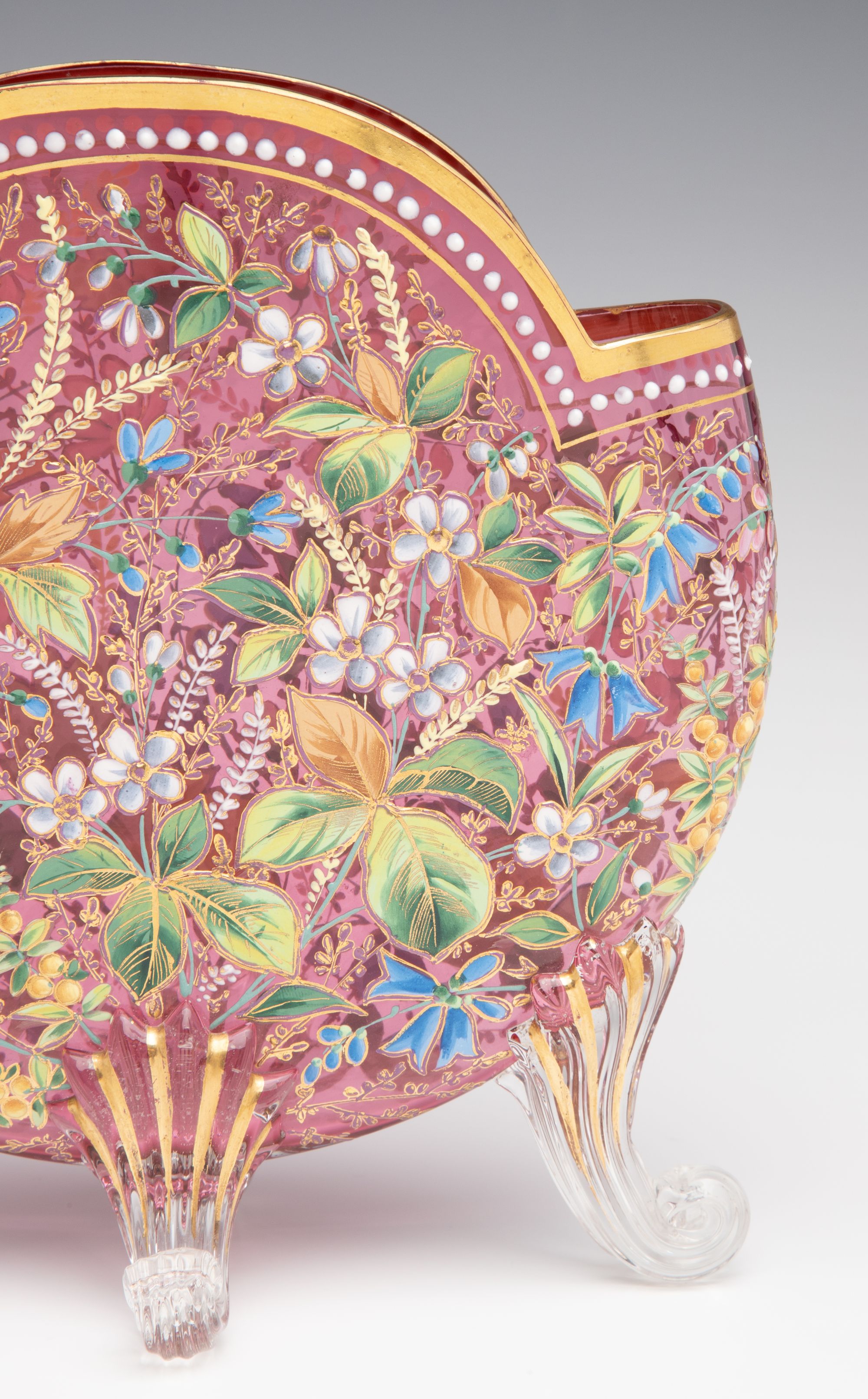 A GOOD MOSER 19TH C. ENAMELED CRANBERRY PILLOW VASE