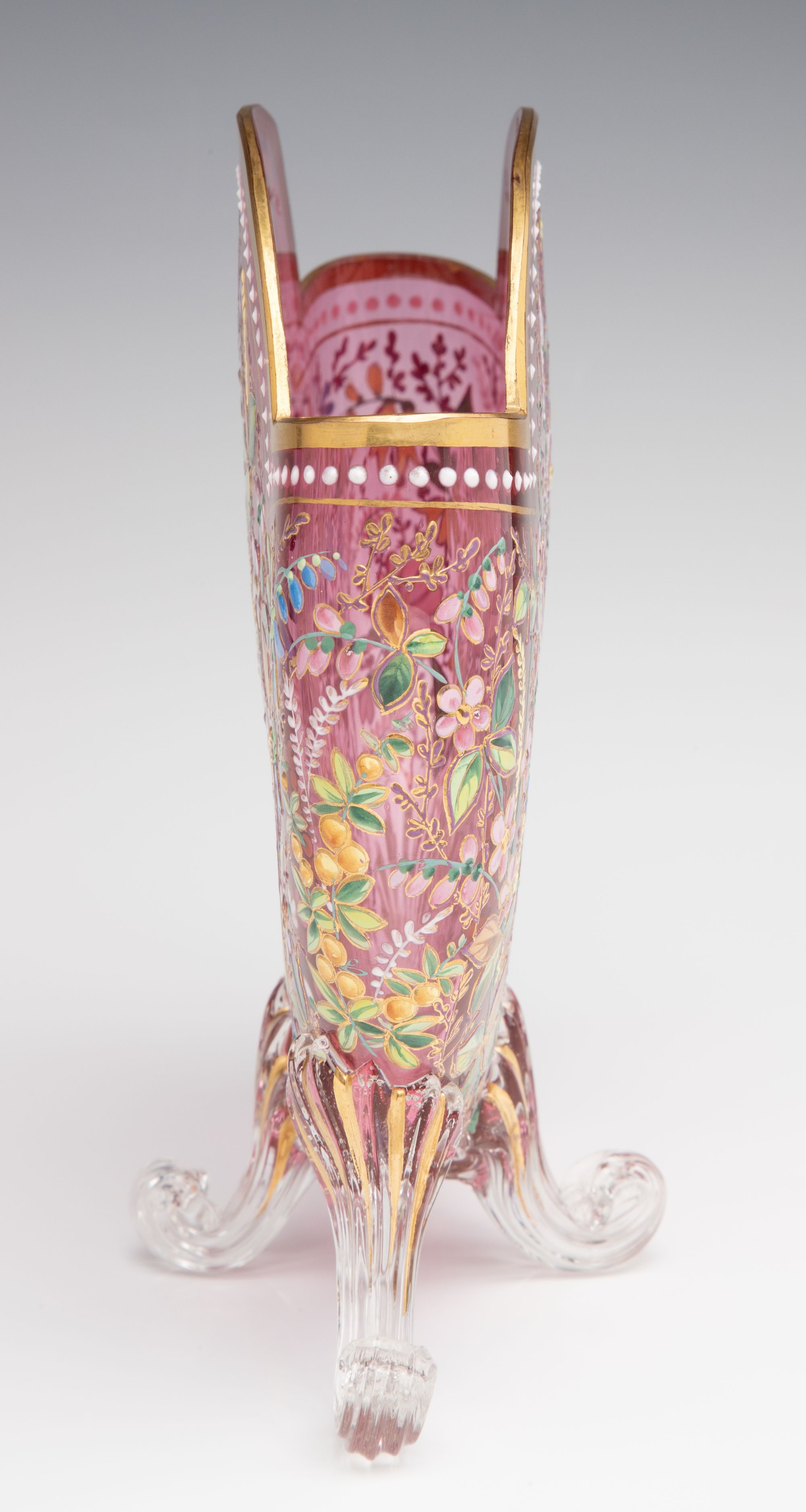 A GOOD MOSER 19TH C. ENAMELED CRANBERRY PILLOW VASE