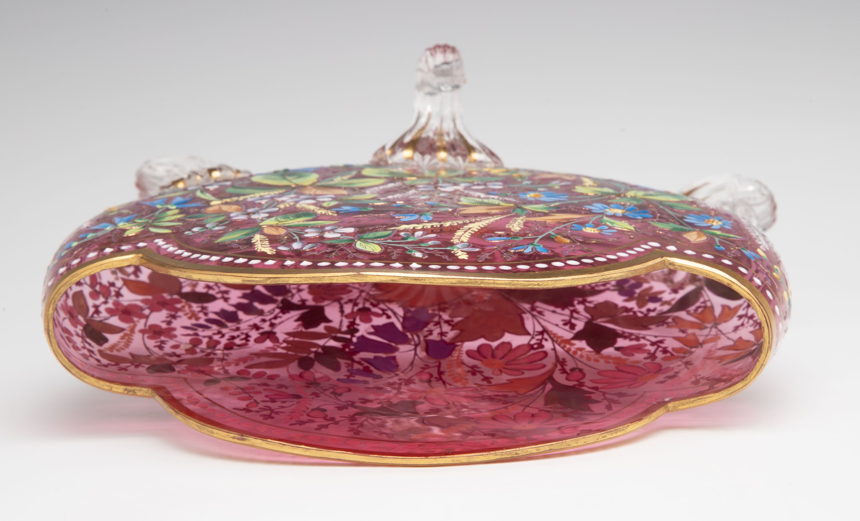 A GOOD MOSER 19TH C. ENAMELED CRANBERRY PILLOW VASE