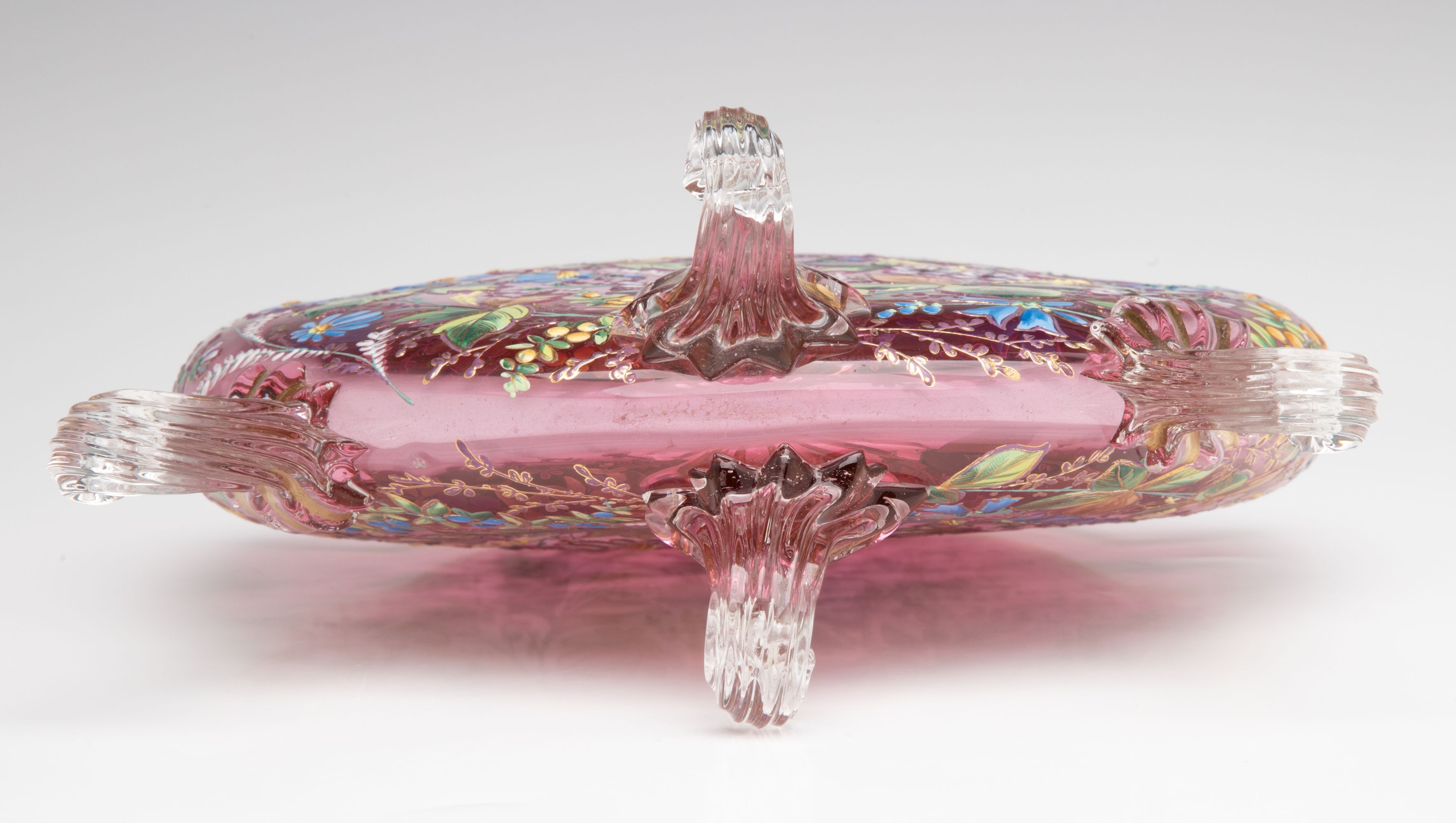 A GOOD MOSER 19TH C. ENAMELED CRANBERRY PILLOW VASE