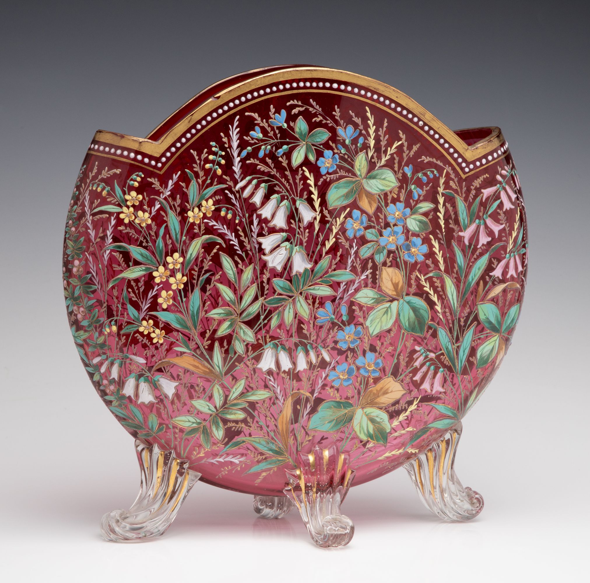 A GOOD MOSER 19TH C. ENAMELED CRANBERRY PILLOW VASE