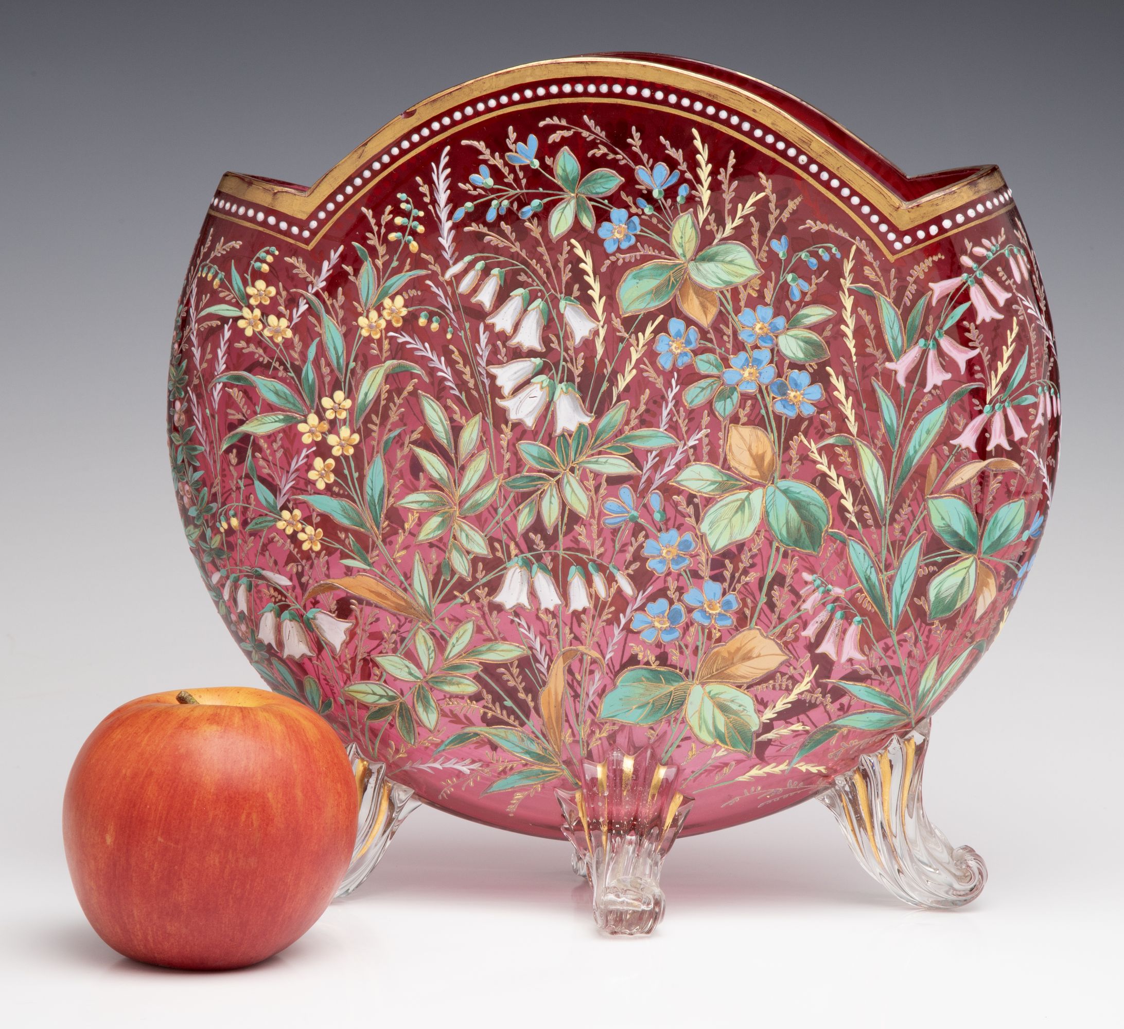 A GOOD MOSER 19TH C. ENAMELED CRANBERRY PILLOW VASE