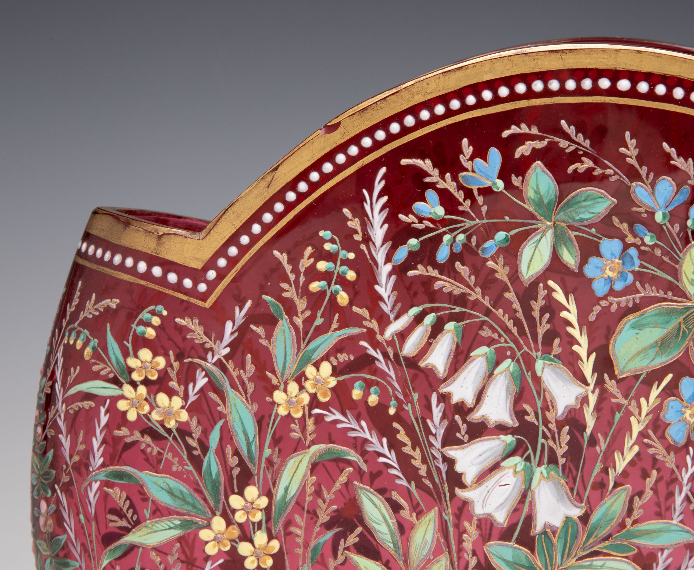 A GOOD MOSER 19TH C. ENAMELED CRANBERRY PILLOW VASE