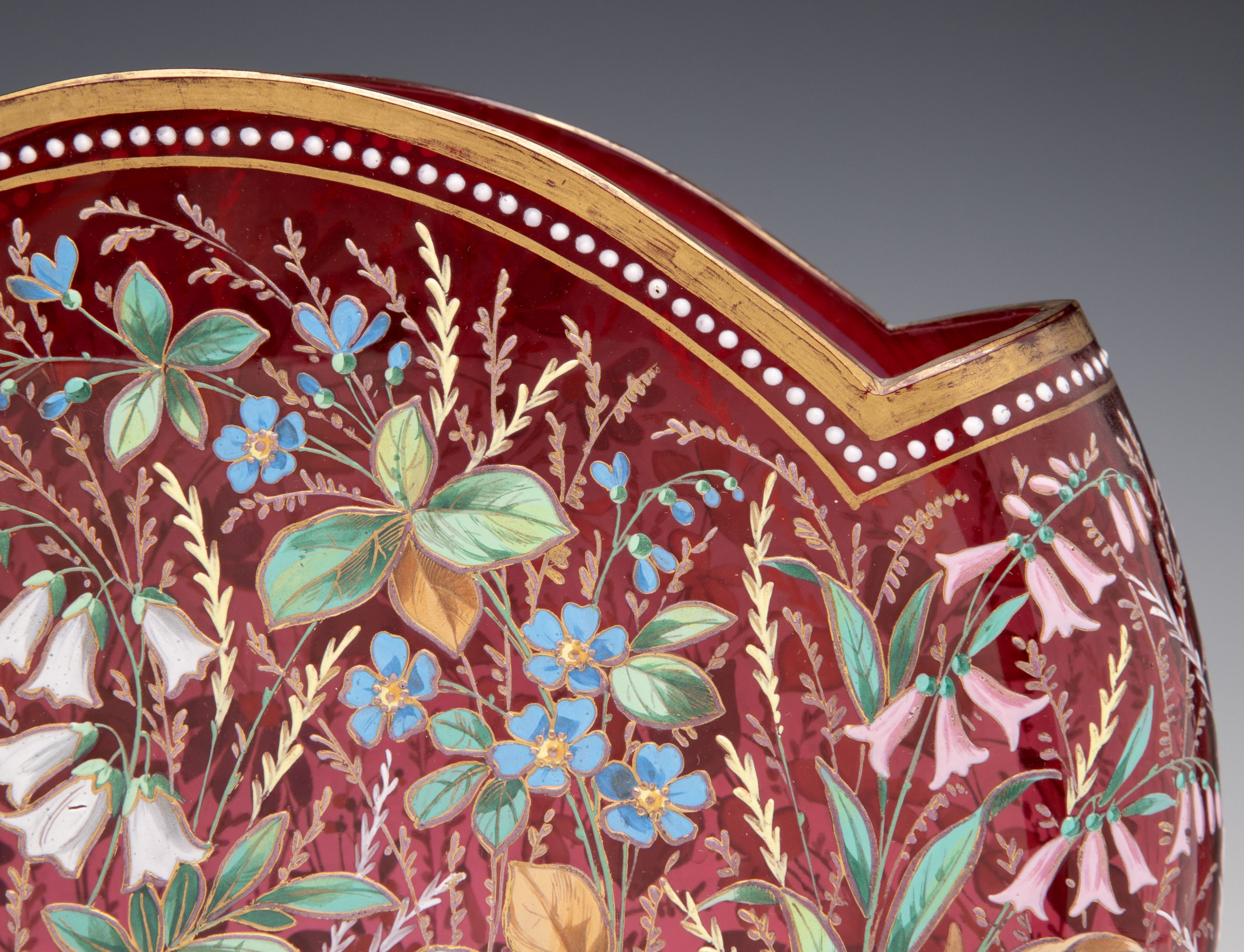 A GOOD MOSER 19TH C. ENAMELED CRANBERRY PILLOW VASE