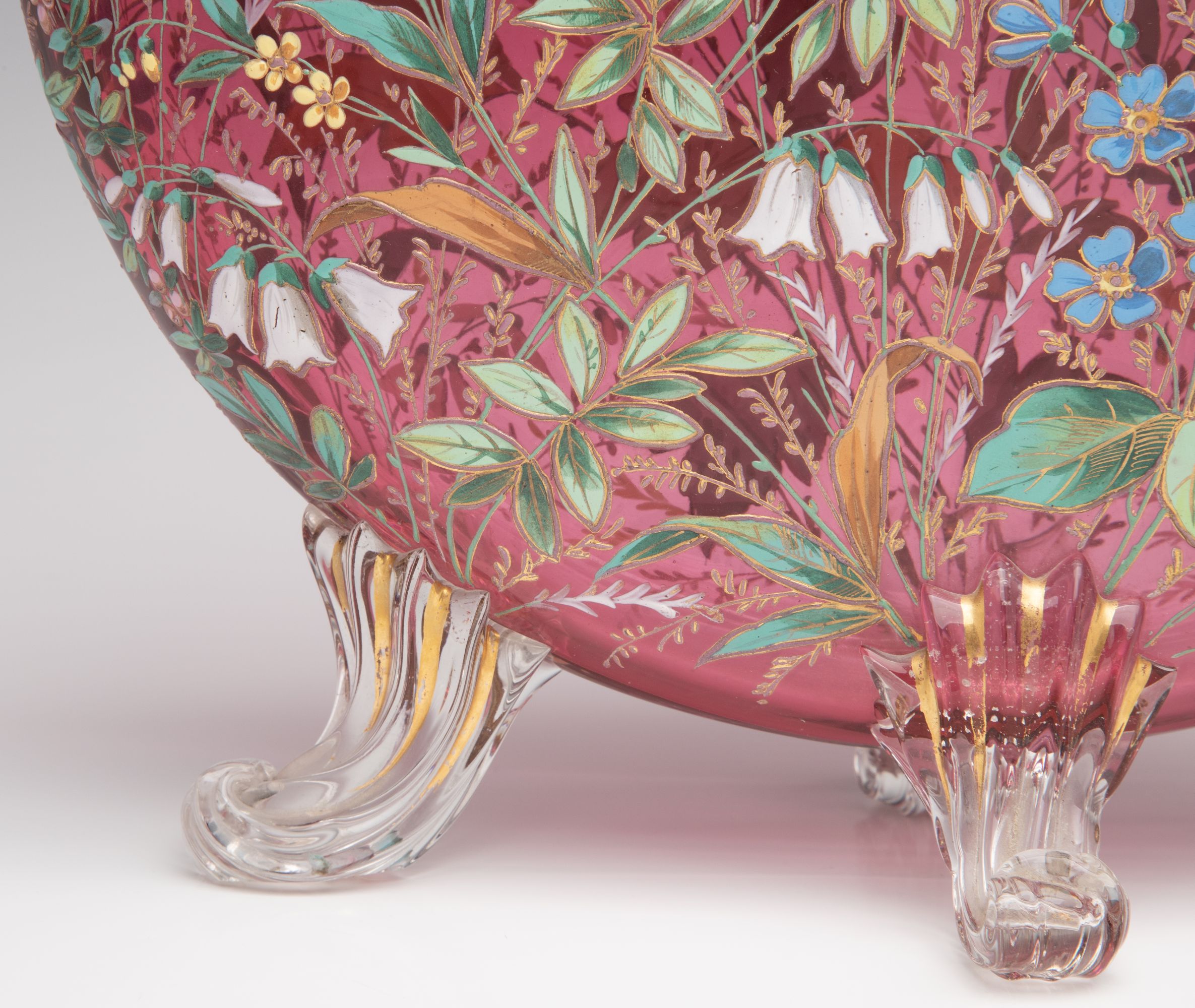 A GOOD MOSER 19TH C. ENAMELED CRANBERRY PILLOW VASE