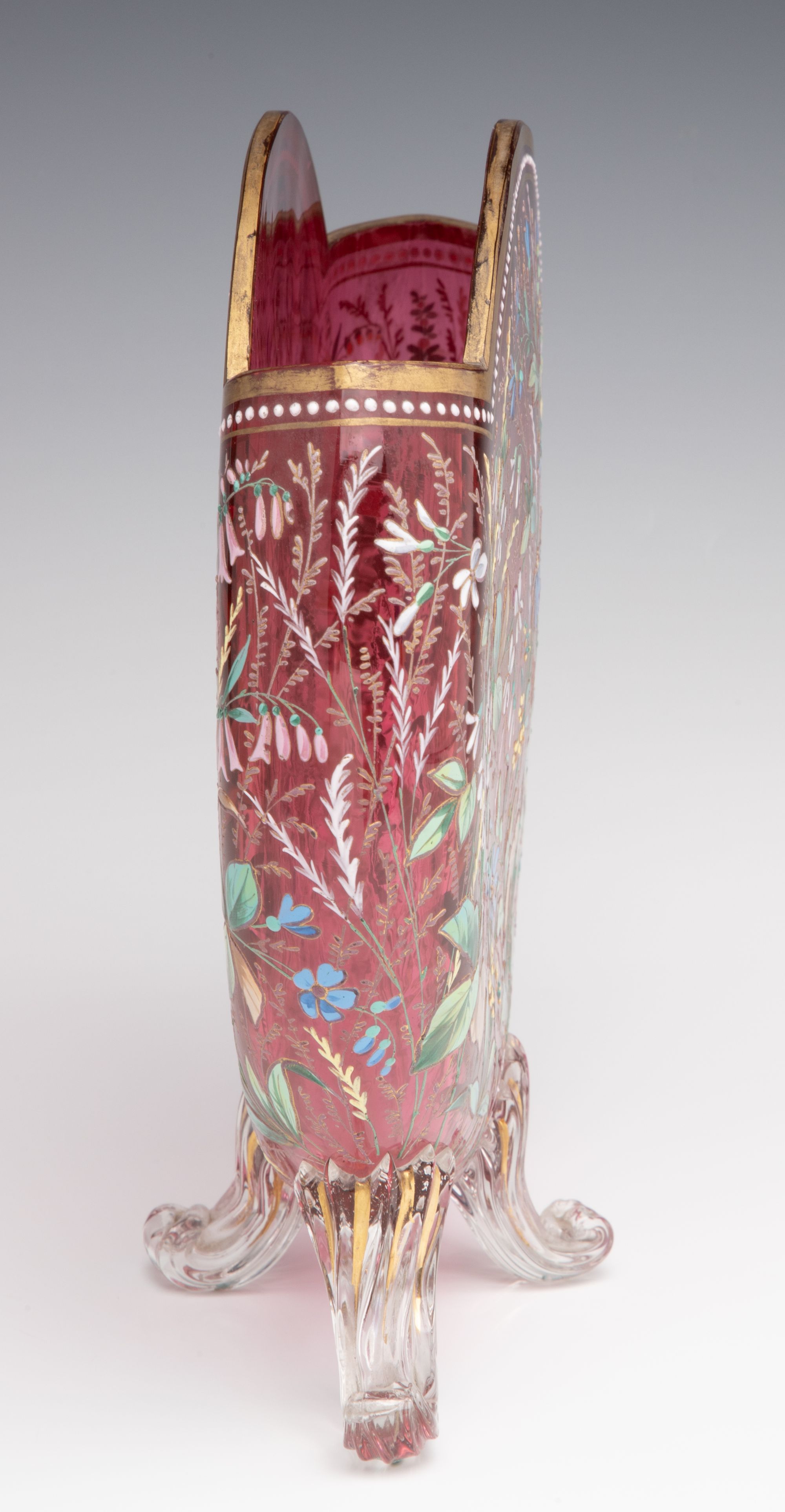 A GOOD MOSER 19TH C. ENAMELED CRANBERRY PILLOW VASE