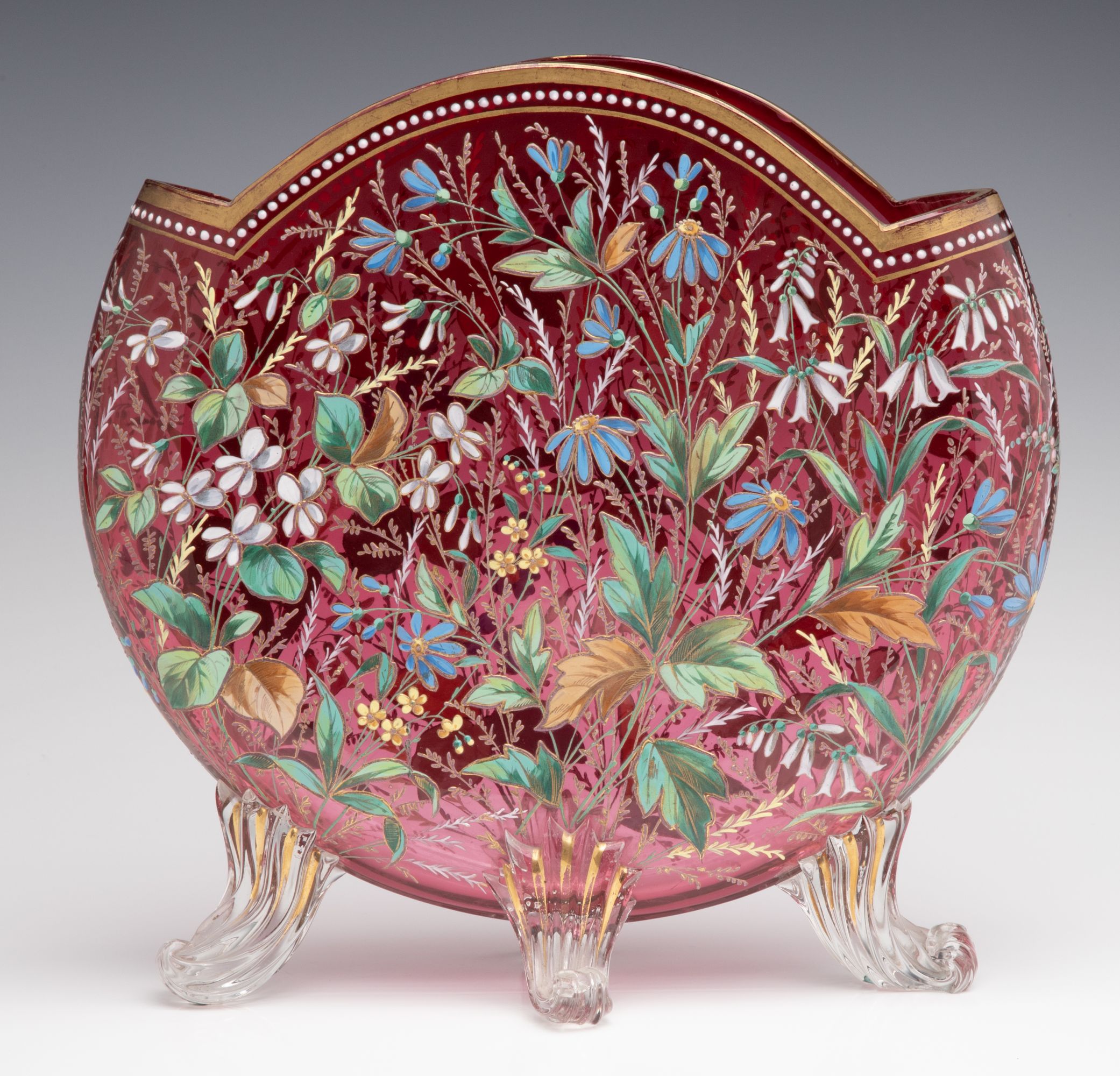 A GOOD MOSER 19TH C. ENAMELED CRANBERRY PILLOW VASE