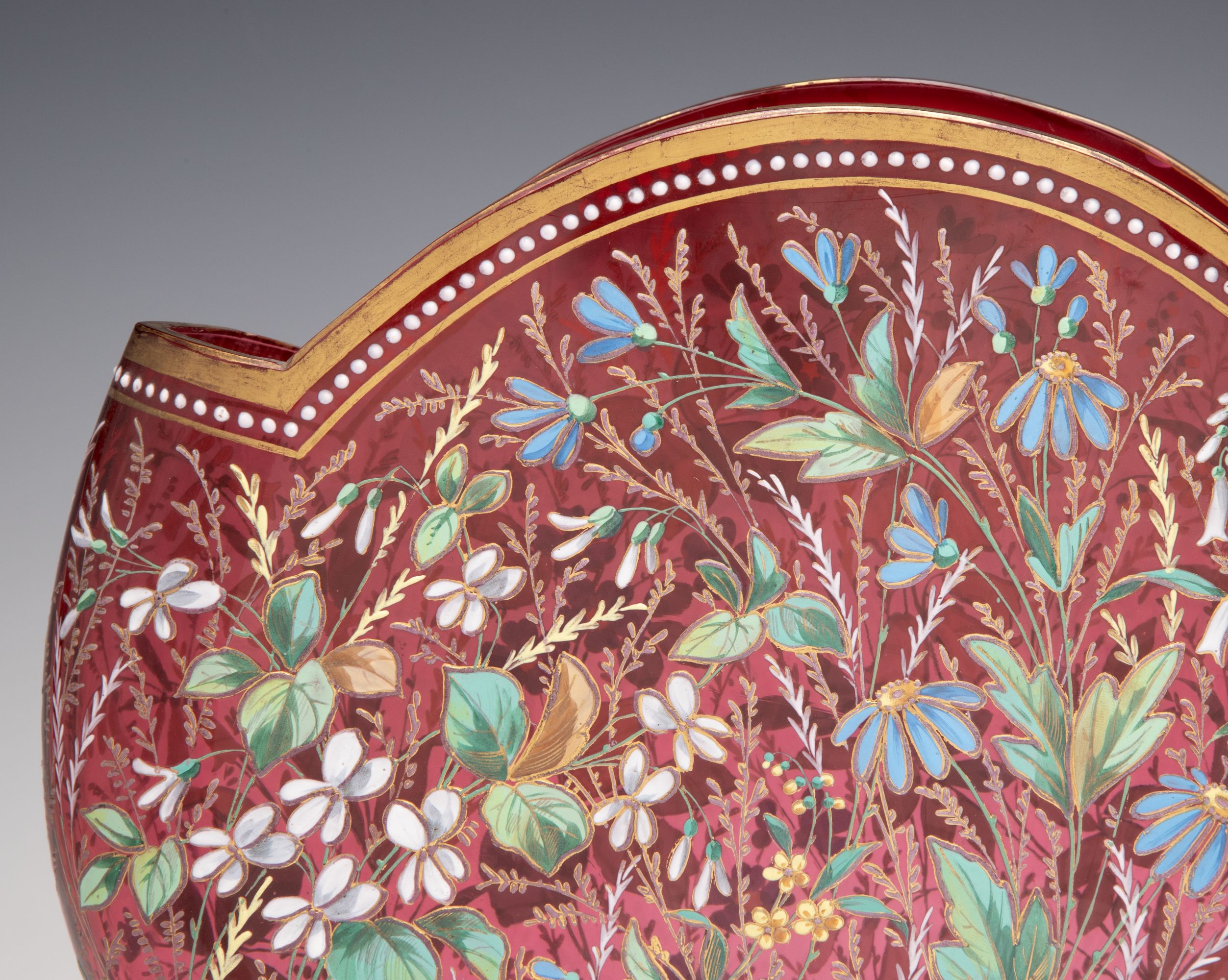 A GOOD MOSER 19TH C. ENAMELED CRANBERRY PILLOW VASE