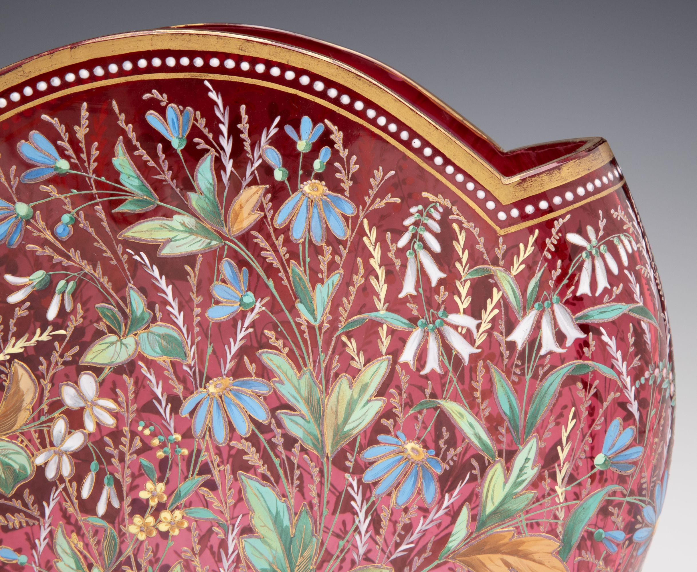 A GOOD MOSER 19TH C. ENAMELED CRANBERRY PILLOW VASE