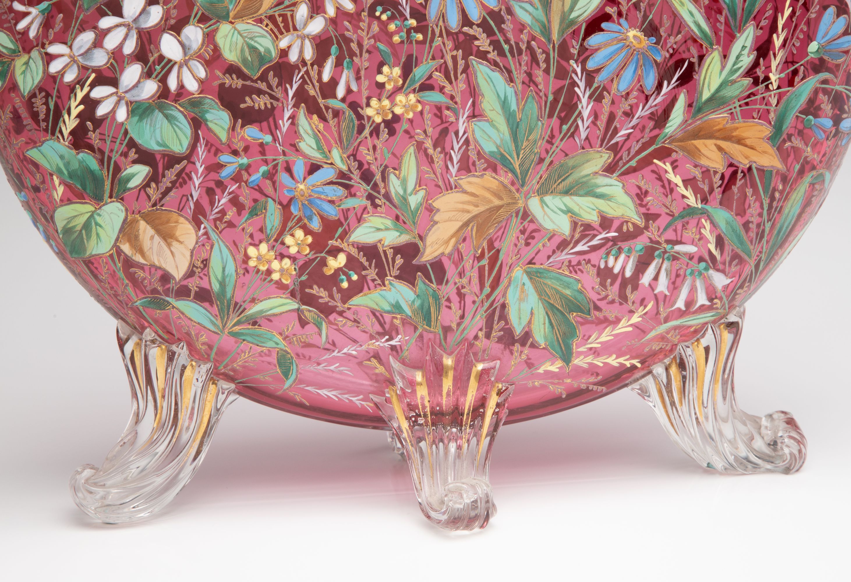 A GOOD MOSER 19TH C. ENAMELED CRANBERRY PILLOW VASE