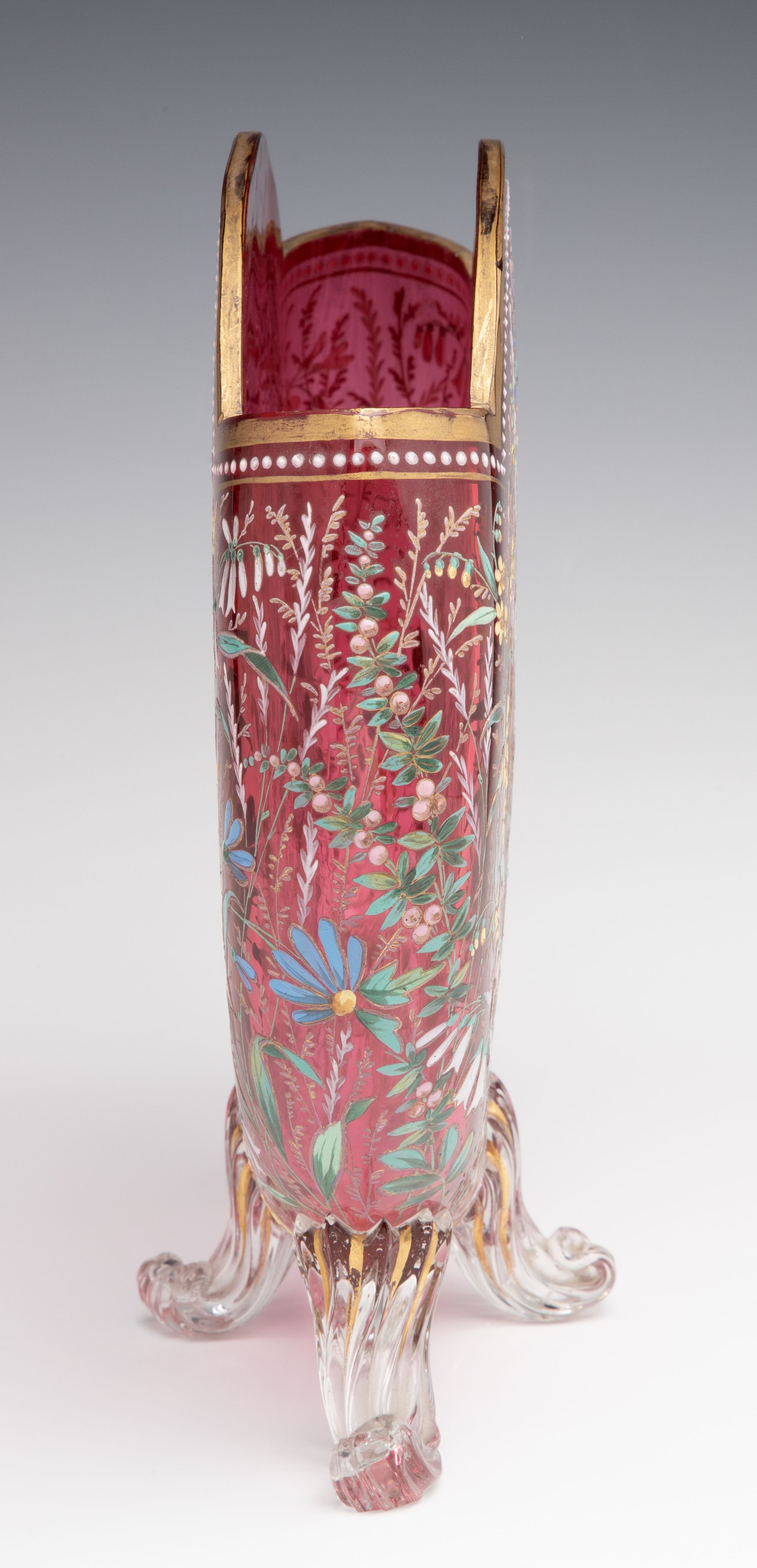 A GOOD MOSER 19TH C. ENAMELED CRANBERRY PILLOW VASE