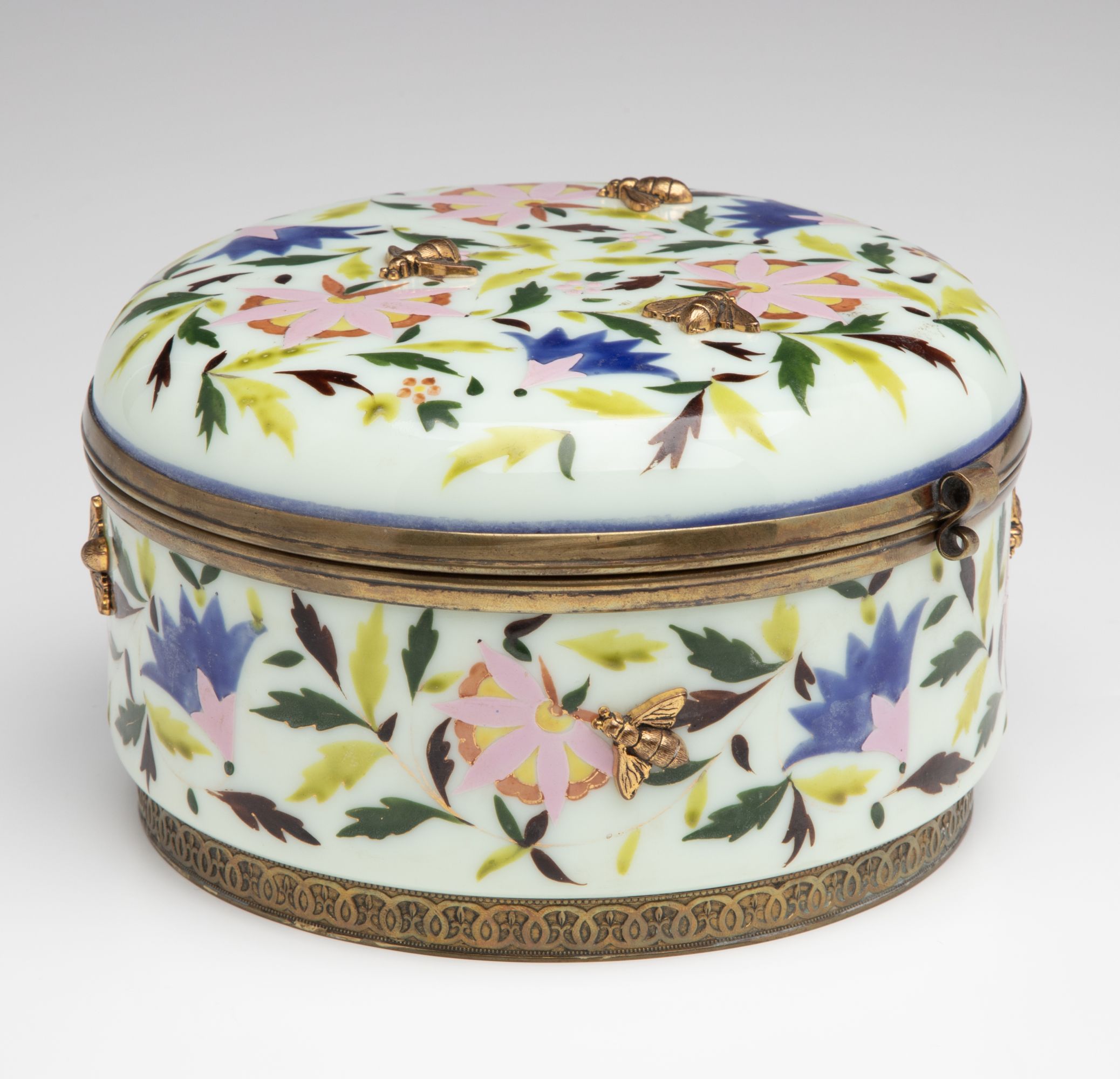 A 19C OPALINE DRESSER BOX WITH GILDED BEE APPLICATIONS