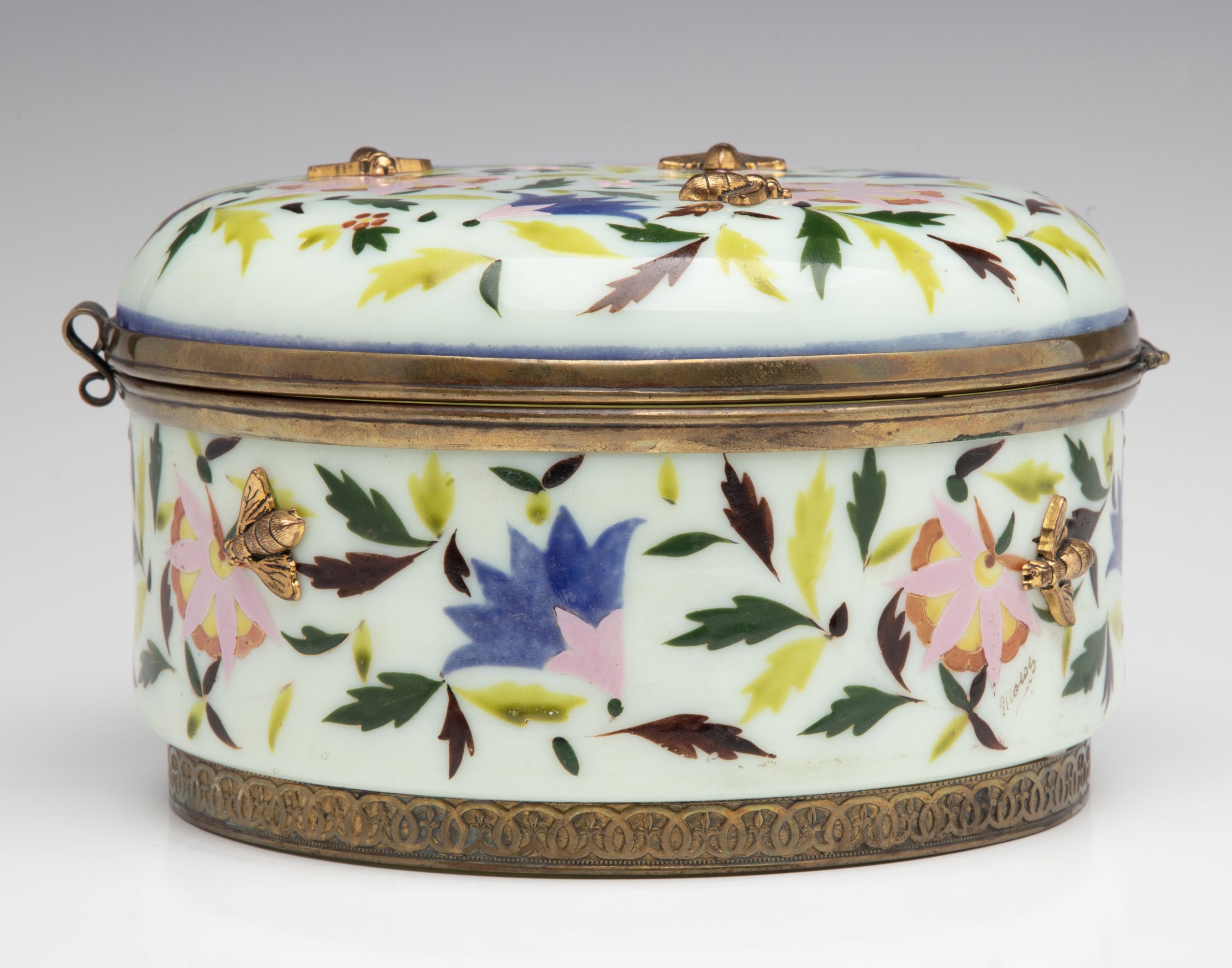 A 19C OPALINE DRESSER BOX WITH GILDED BEE APPLICATIONS