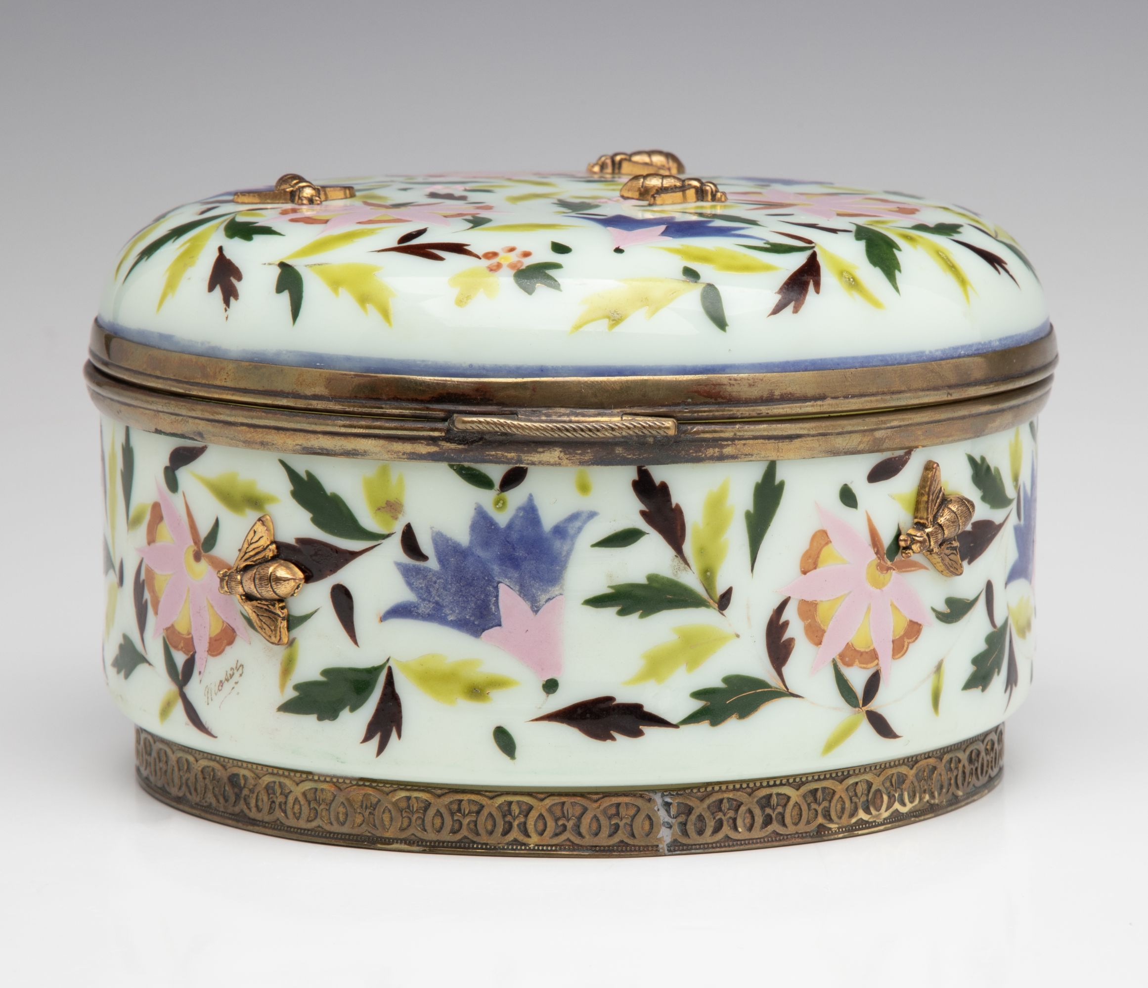 A 19C OPALINE DRESSER BOX WITH GILDED BEE APPLICATIONS