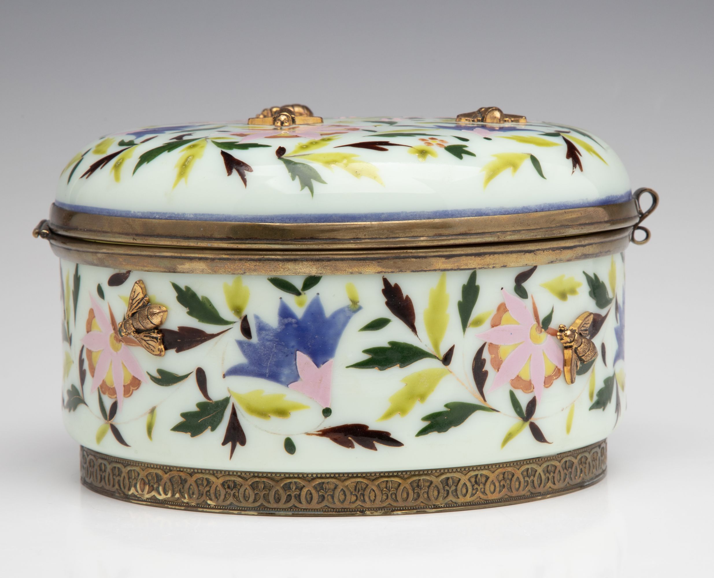 A 19C OPALINE DRESSER BOX WITH GILDED BEE APPLICATIONS