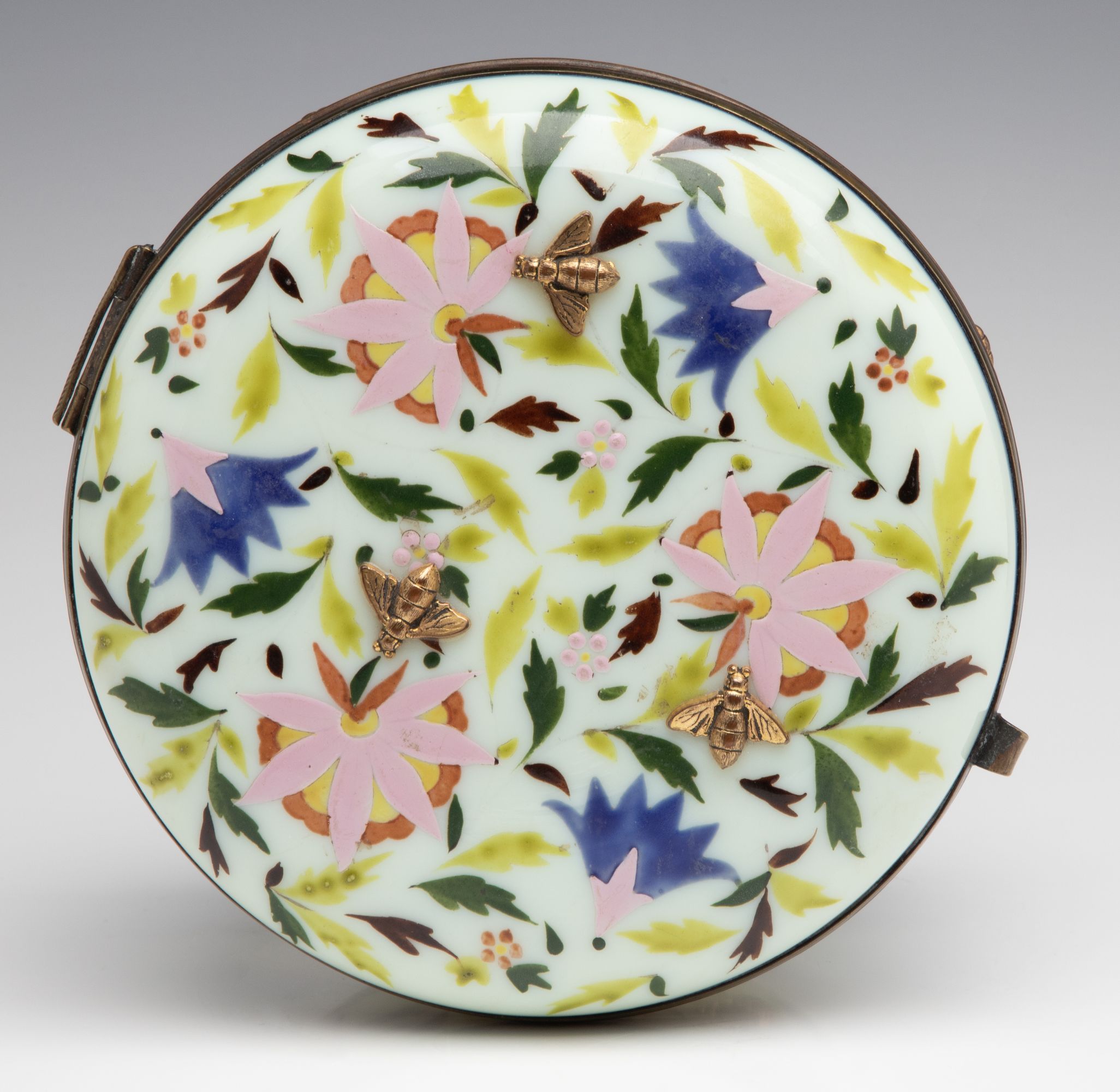 A 19C OPALINE DRESSER BOX WITH GILDED BEE APPLICATIONS